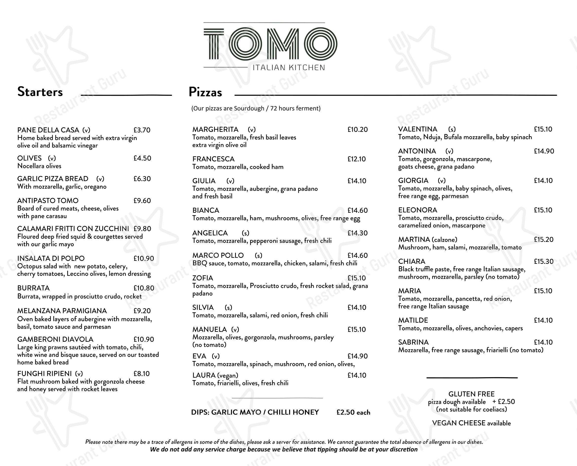 Меню кафе Tomo Italian Kitchen