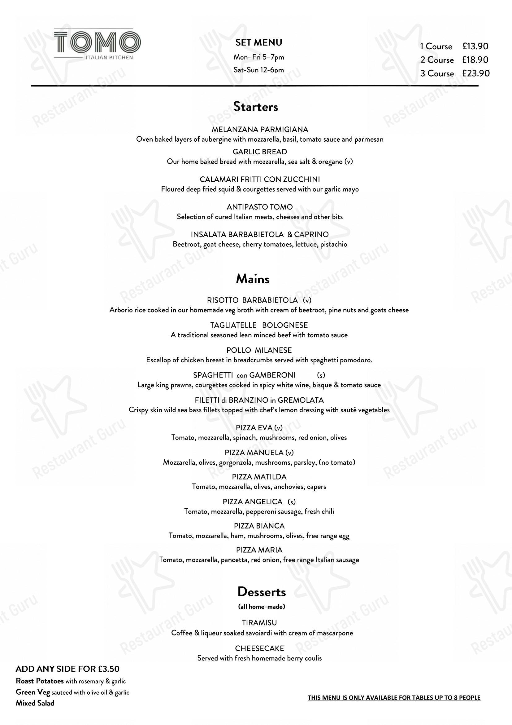 Меню кафе Tomo Italian Kitchen