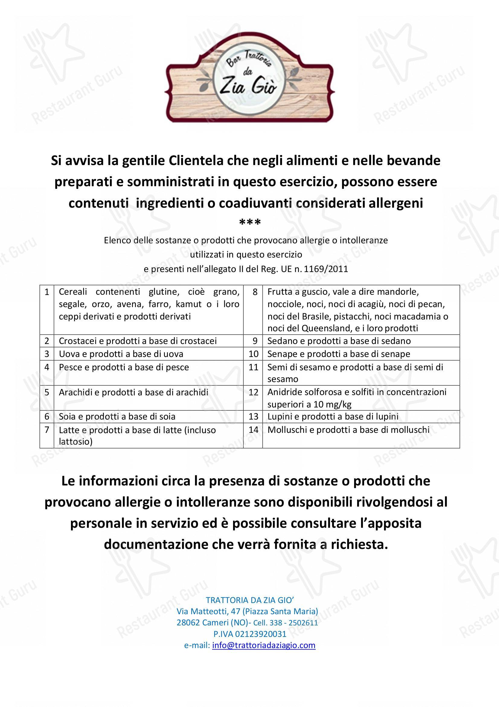 Меню Trattoria Da Zia Giò - еда и напитки