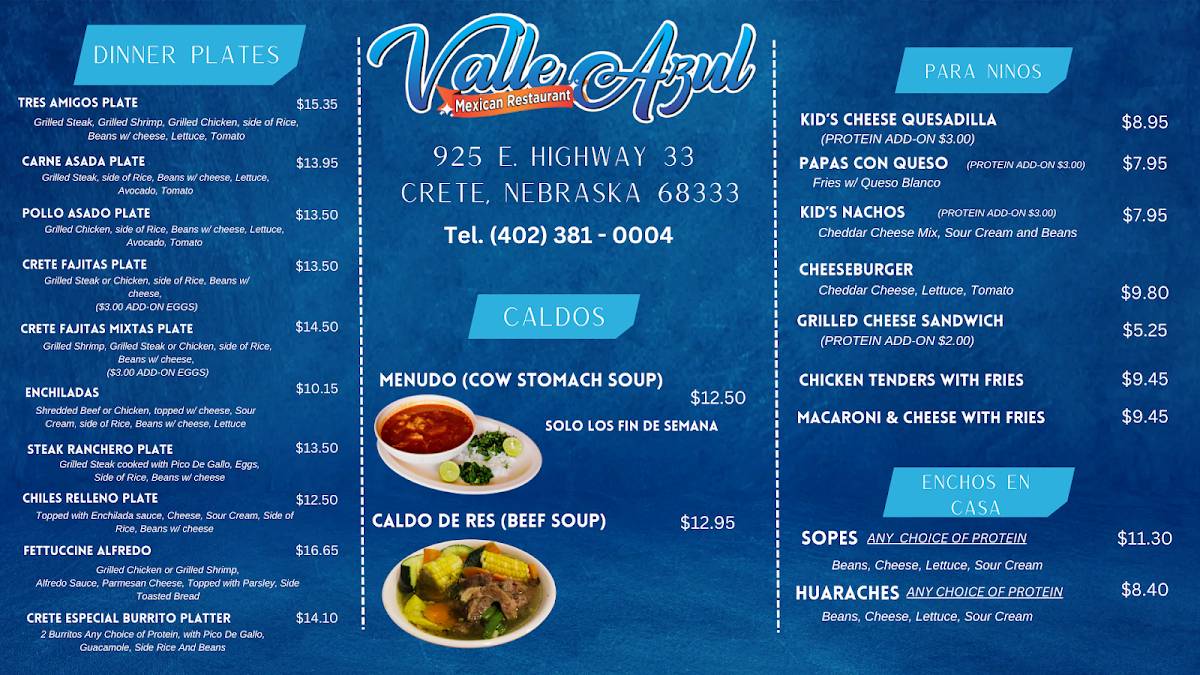 Valle Azul Mexican Restaurant меню