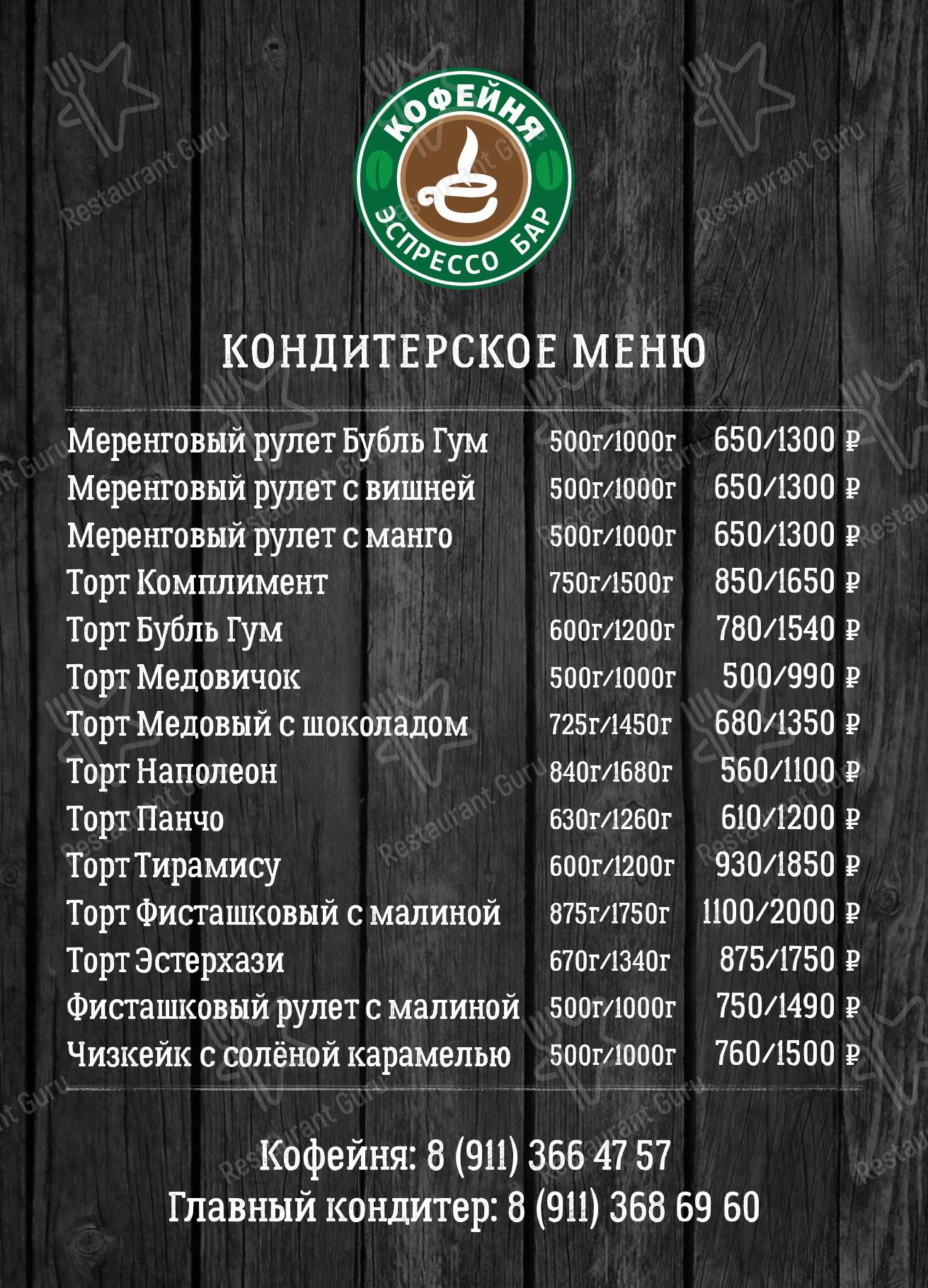 Меню для посетителей ресторана Кофейня