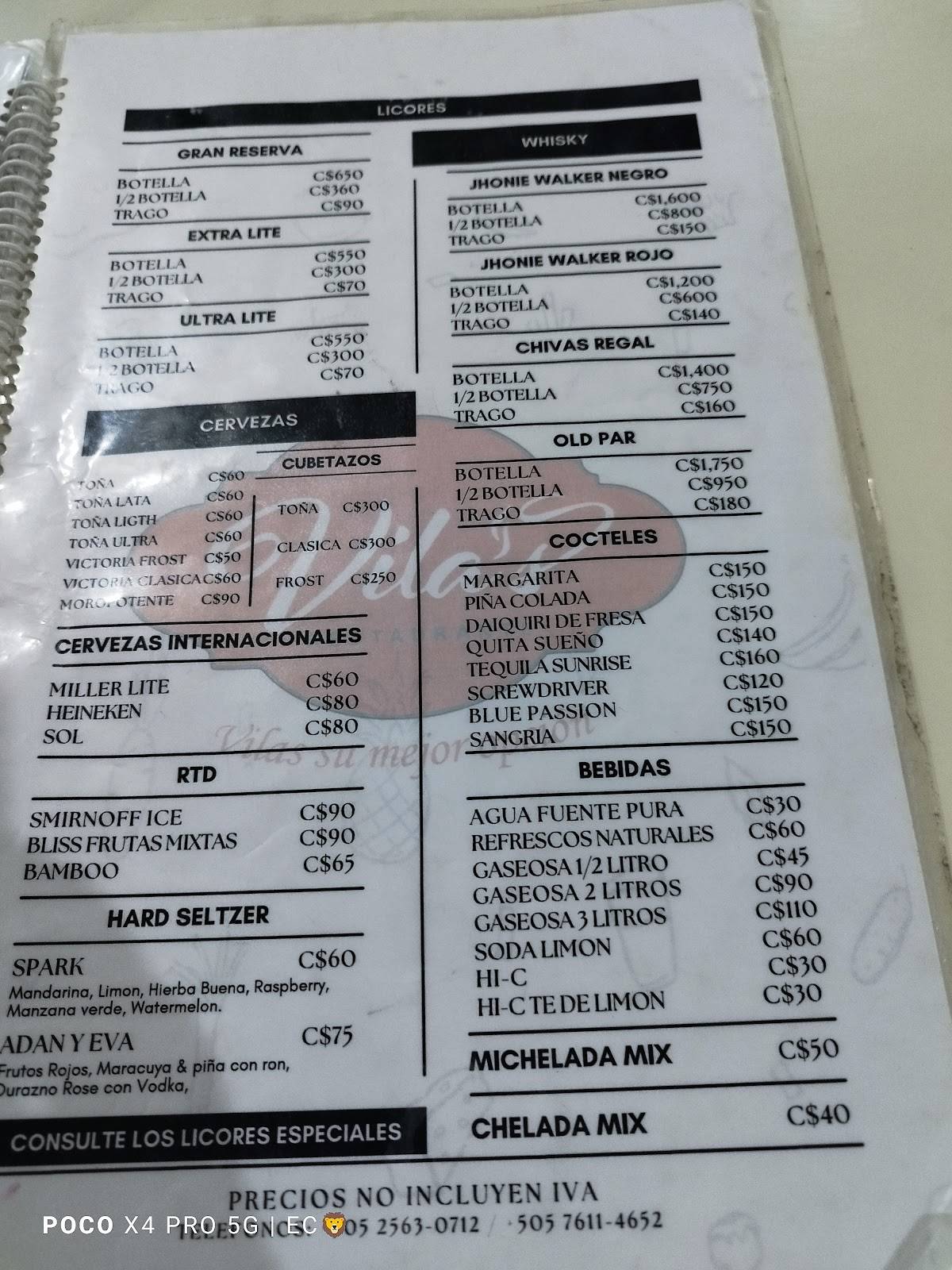 Vila's Restaurante, Rivas Nicaragua меню