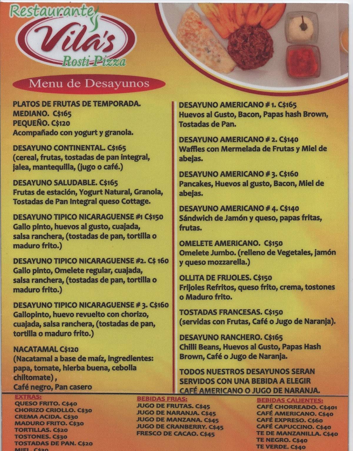Vila's Restaurante, Rivas Nicaragua меню