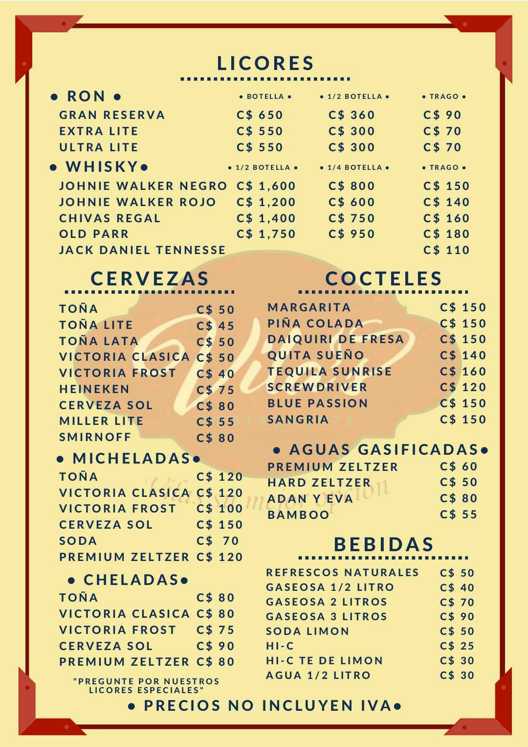 Vila's Restaurante, Rivas Nicaragua меню