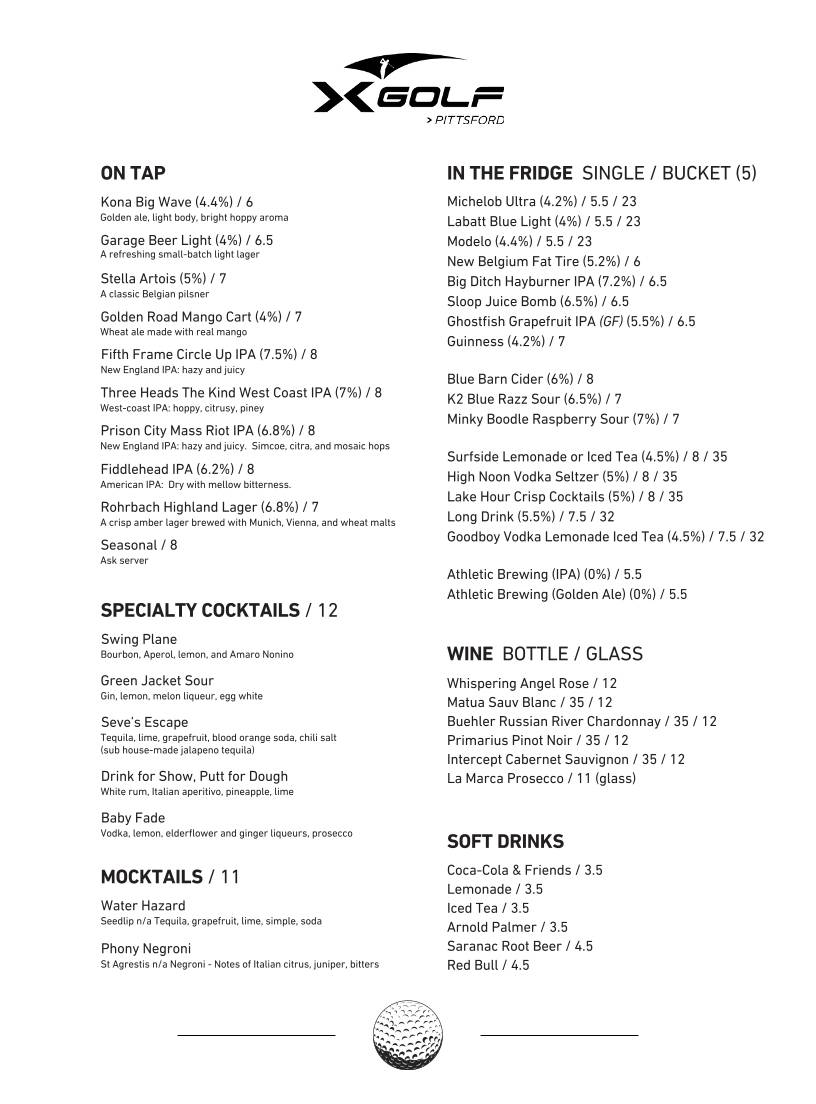 X-Golf Pittsford меню