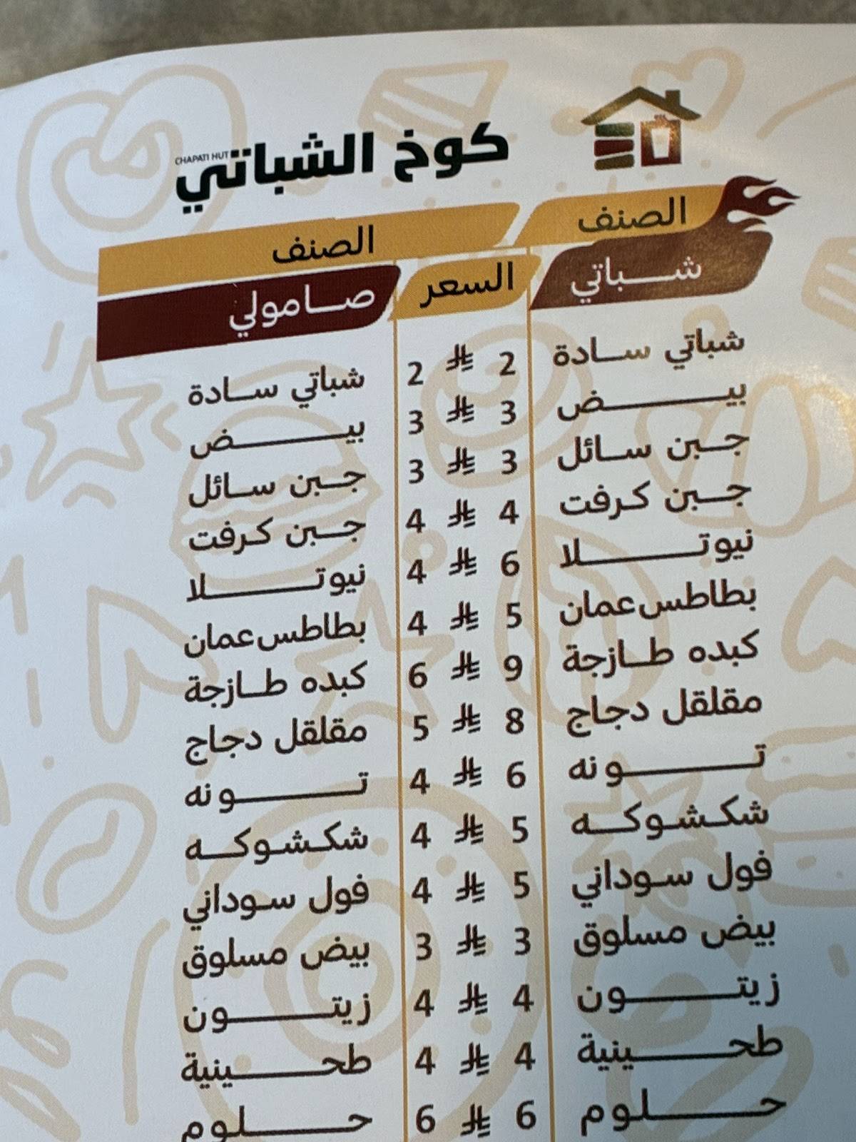 كوخ الشباتي меню