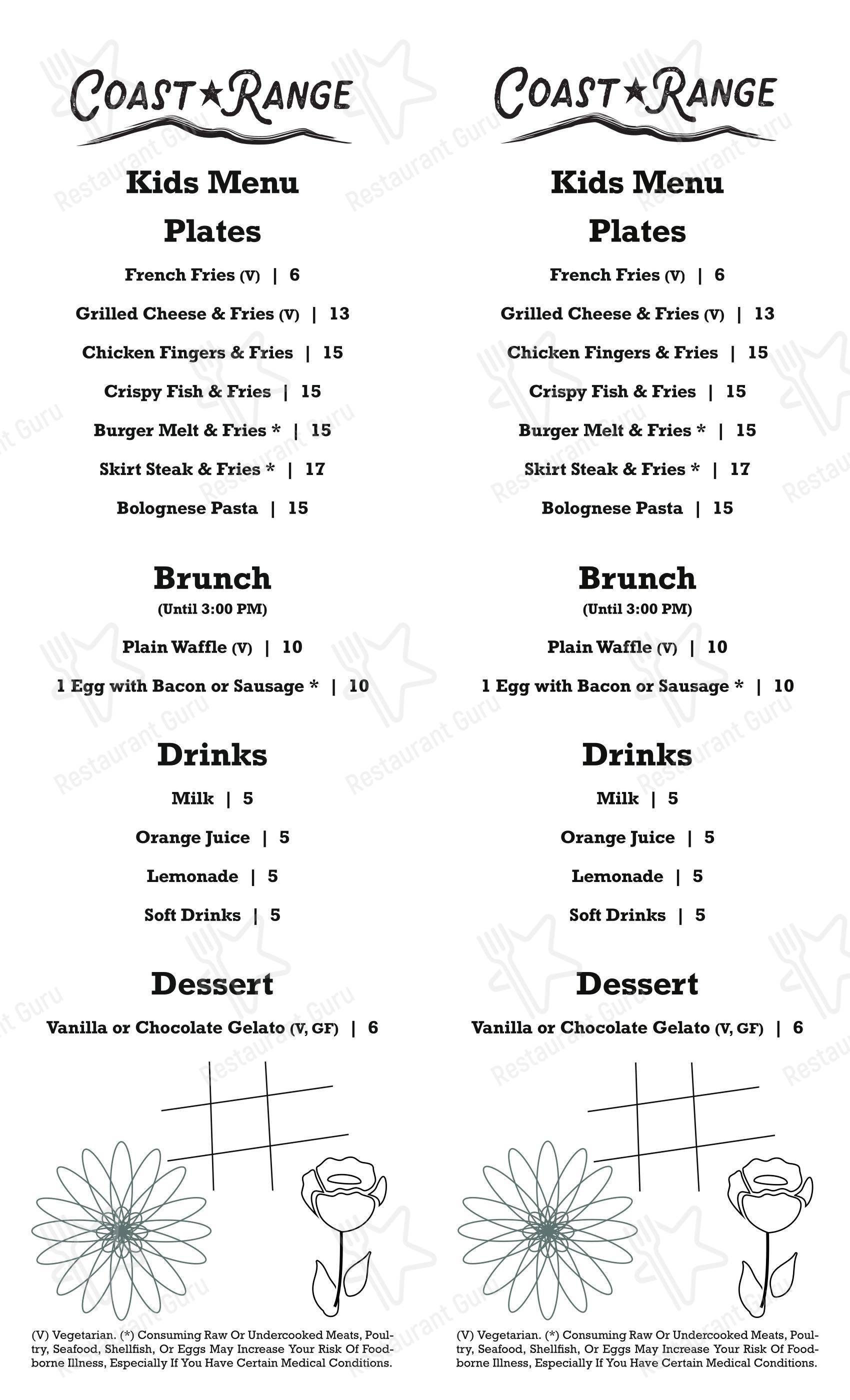 Меню паба и бара Coast Range - Dinner Menu