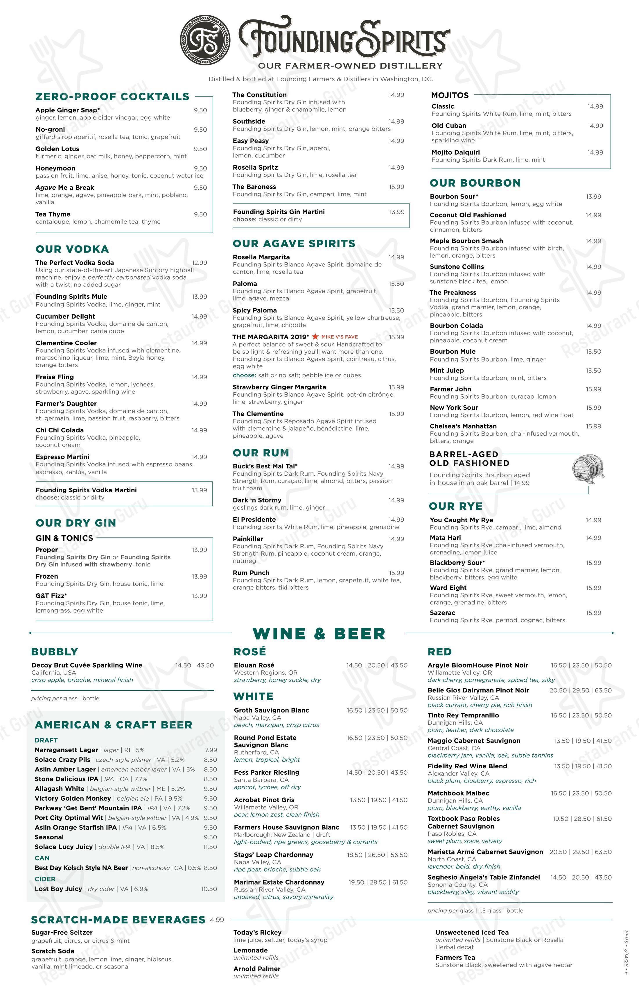Меню ресторана Founding Farmers Reston Station - At Home Catering Menu
