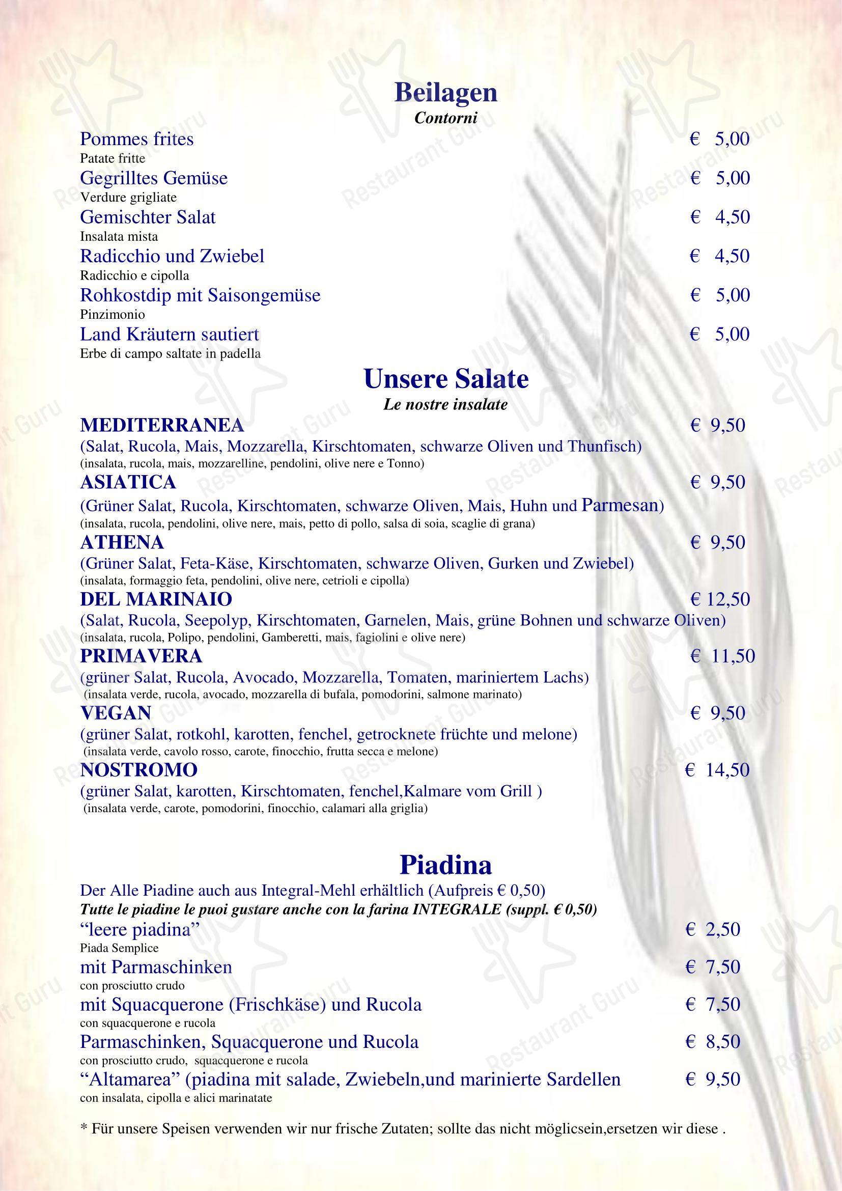 Ristorante Pizzeria Altamarea в Торре Педрере - Основное меню