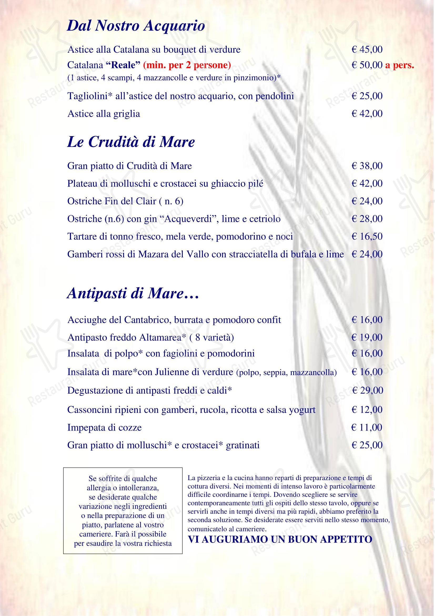 菜单 кафе Ristorante Pizzeria Altamarea в Торре Педрере