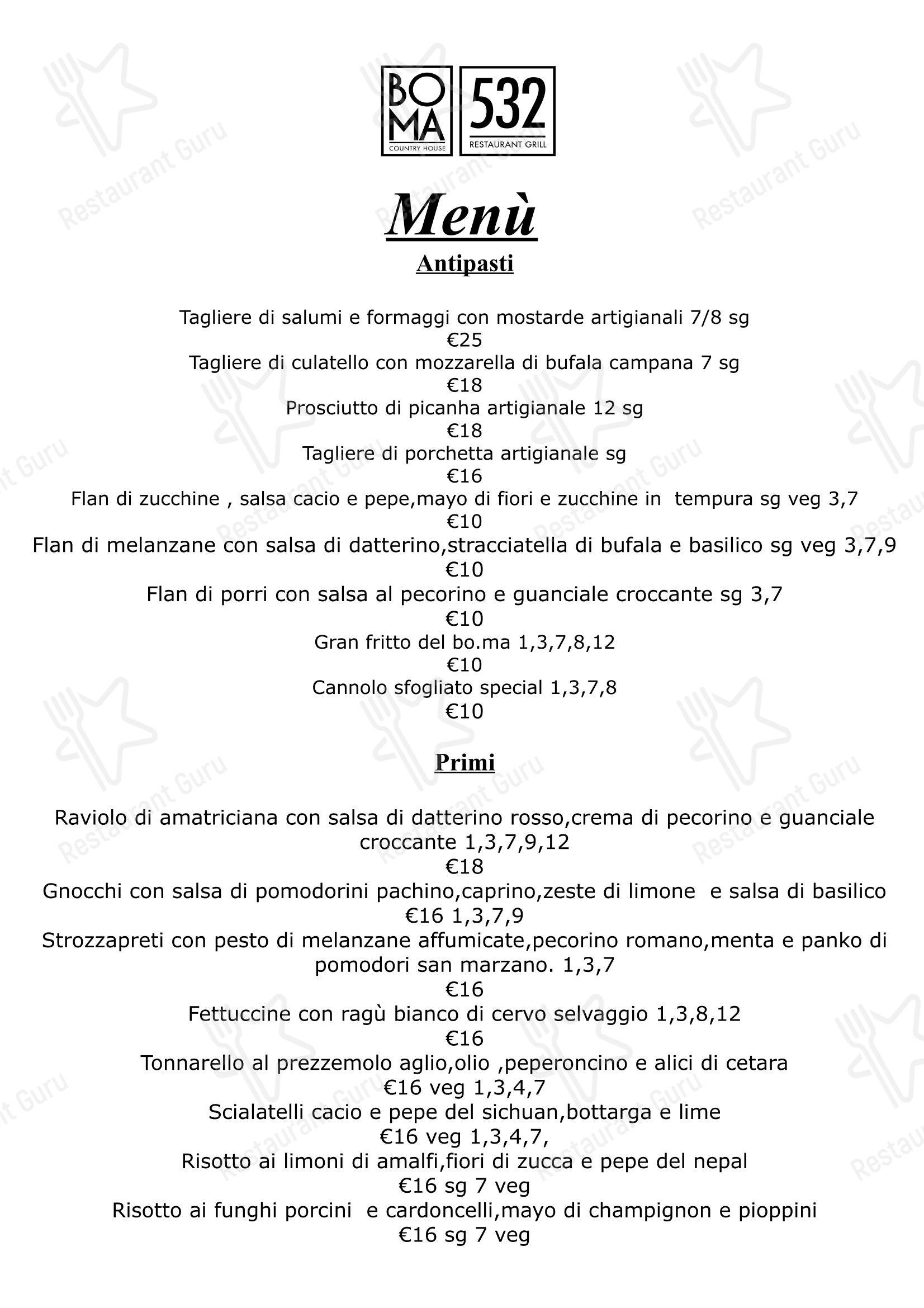 Меню стейк хауса 532 Restaurant & Grill в Риме