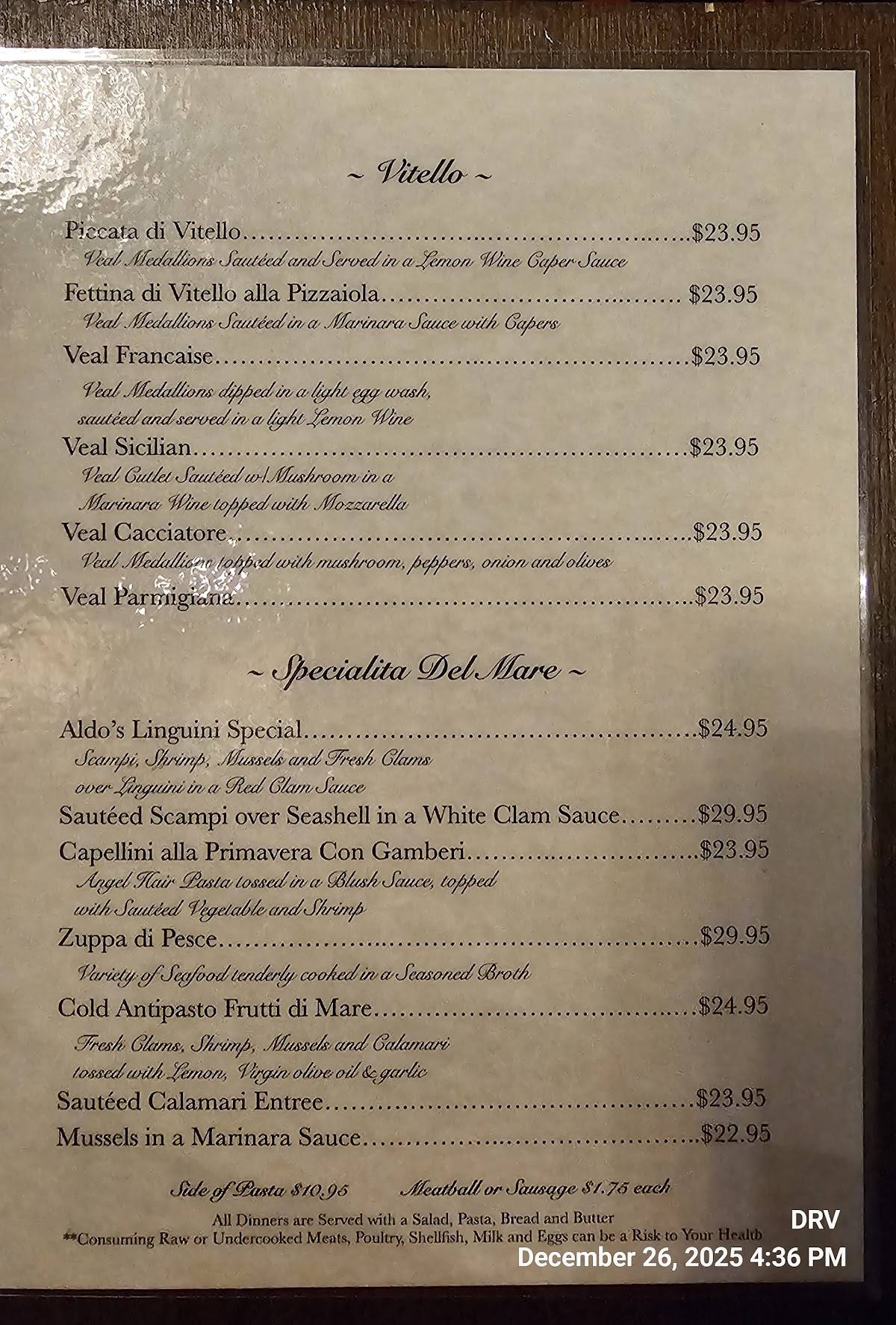 Aldo's Restaurant меню