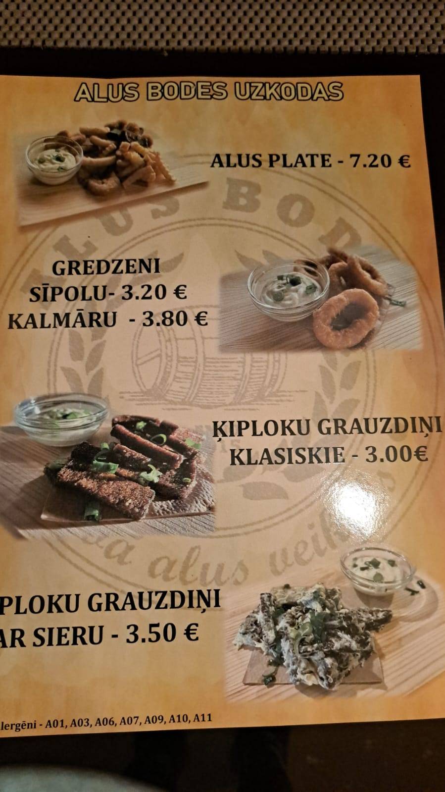 Alus Bode, lejamais alus, BĀRS меню