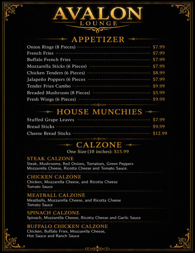 Avalon Lounge Mediterranean Restaurant меню