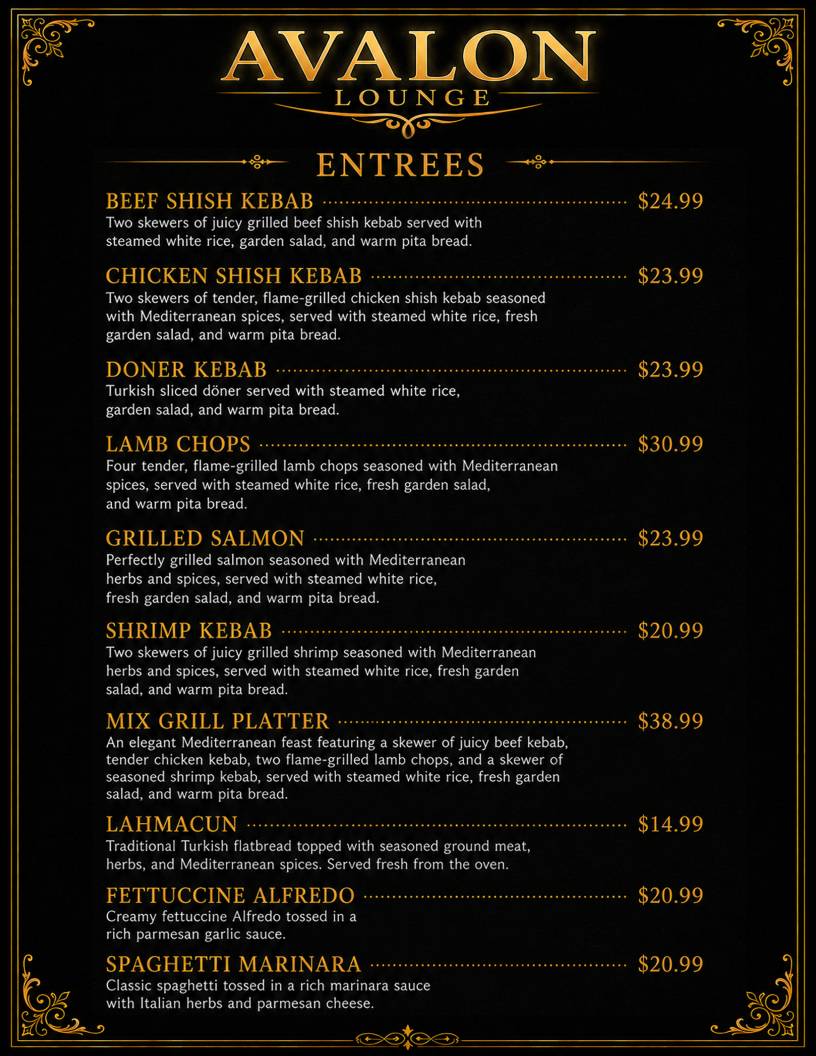 Avalon Lounge Mediterranean Restaurant меню