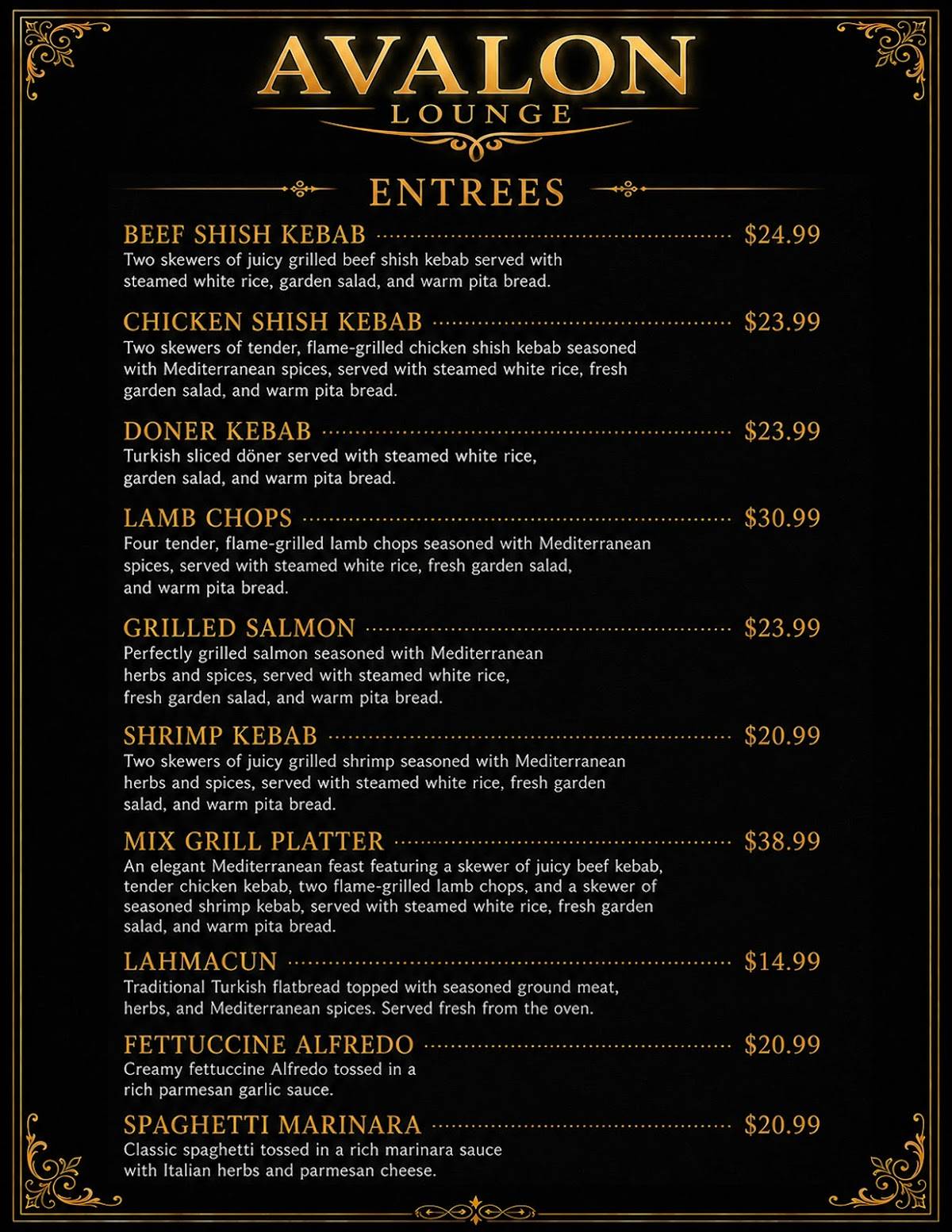 Avalon Lounge Mediterranean Restaurant меню