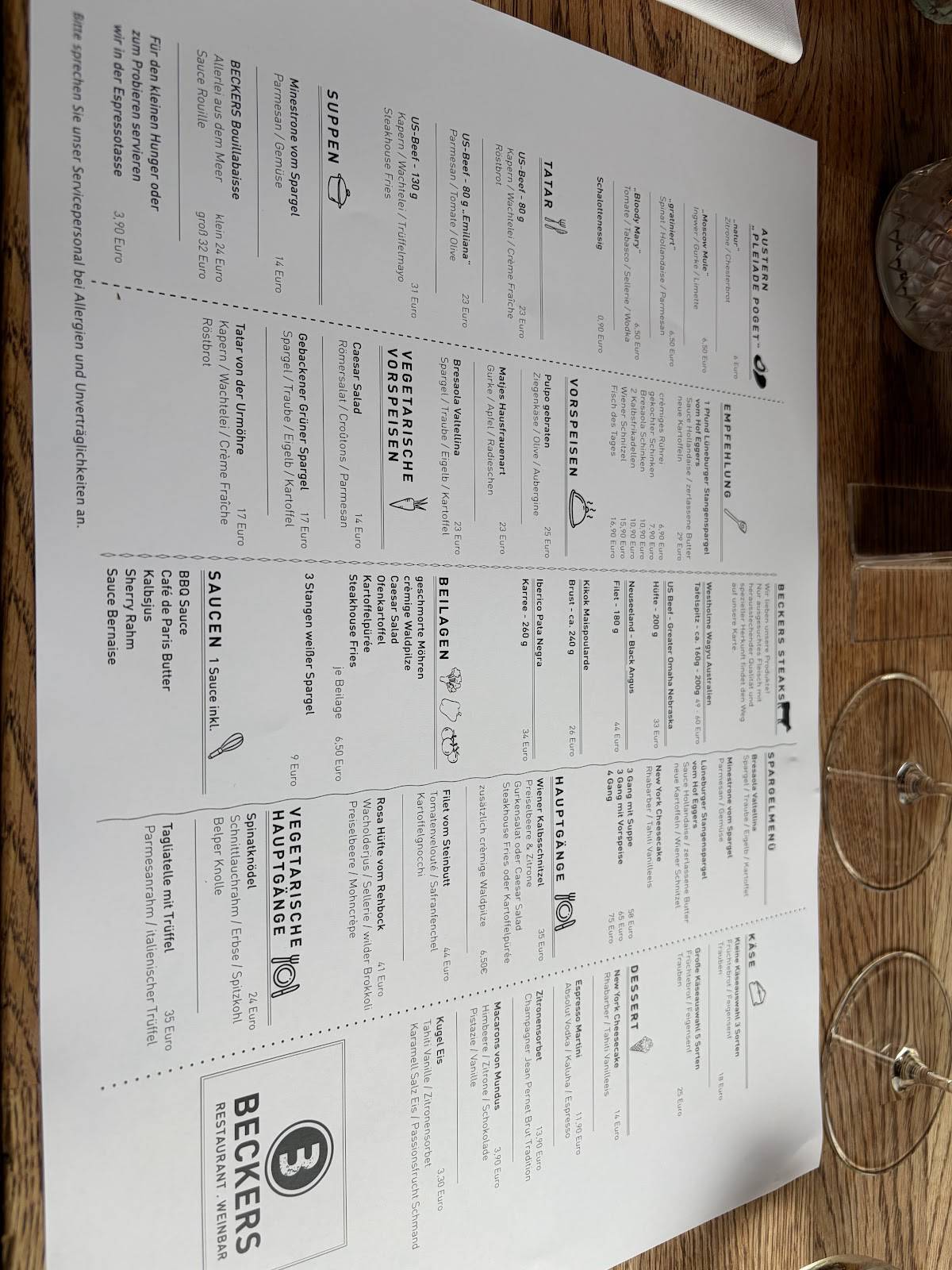BECKERS Restaurant und Weinbar меню