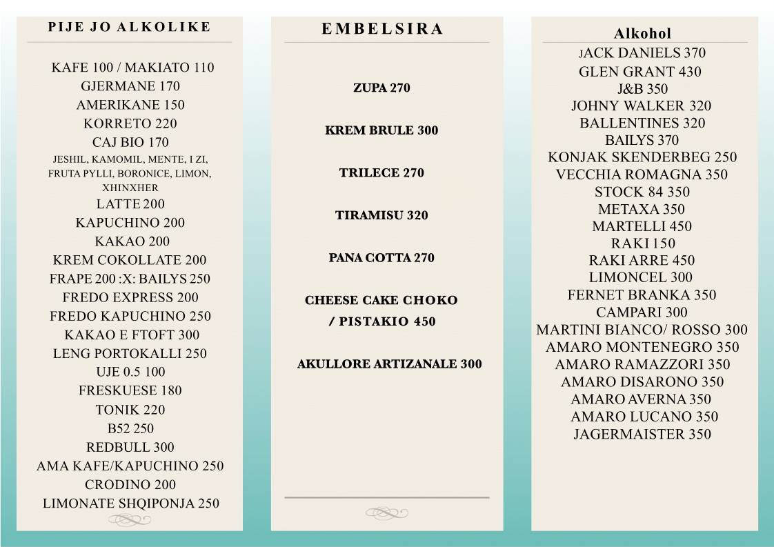 Bar Restaurant Shqiponja меню
