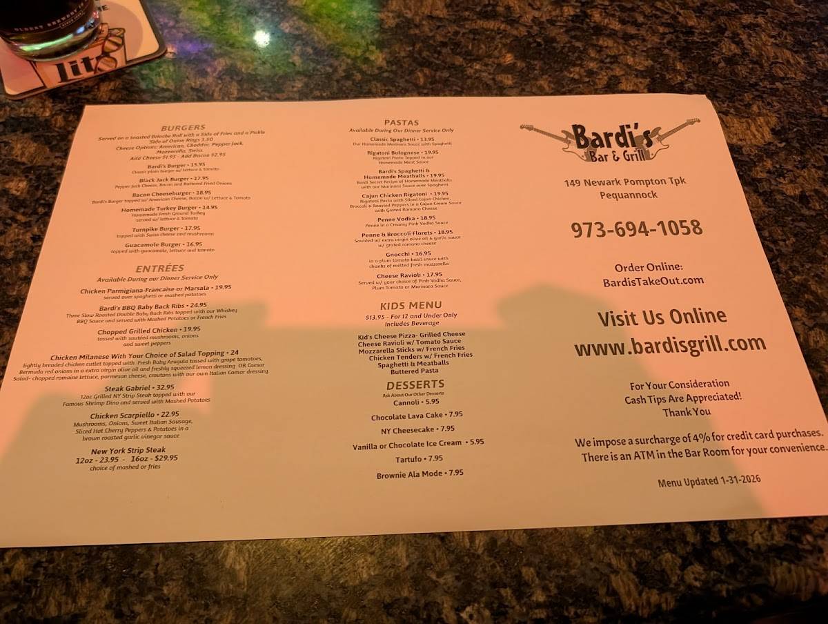 Bardi's Bar and Grill меню