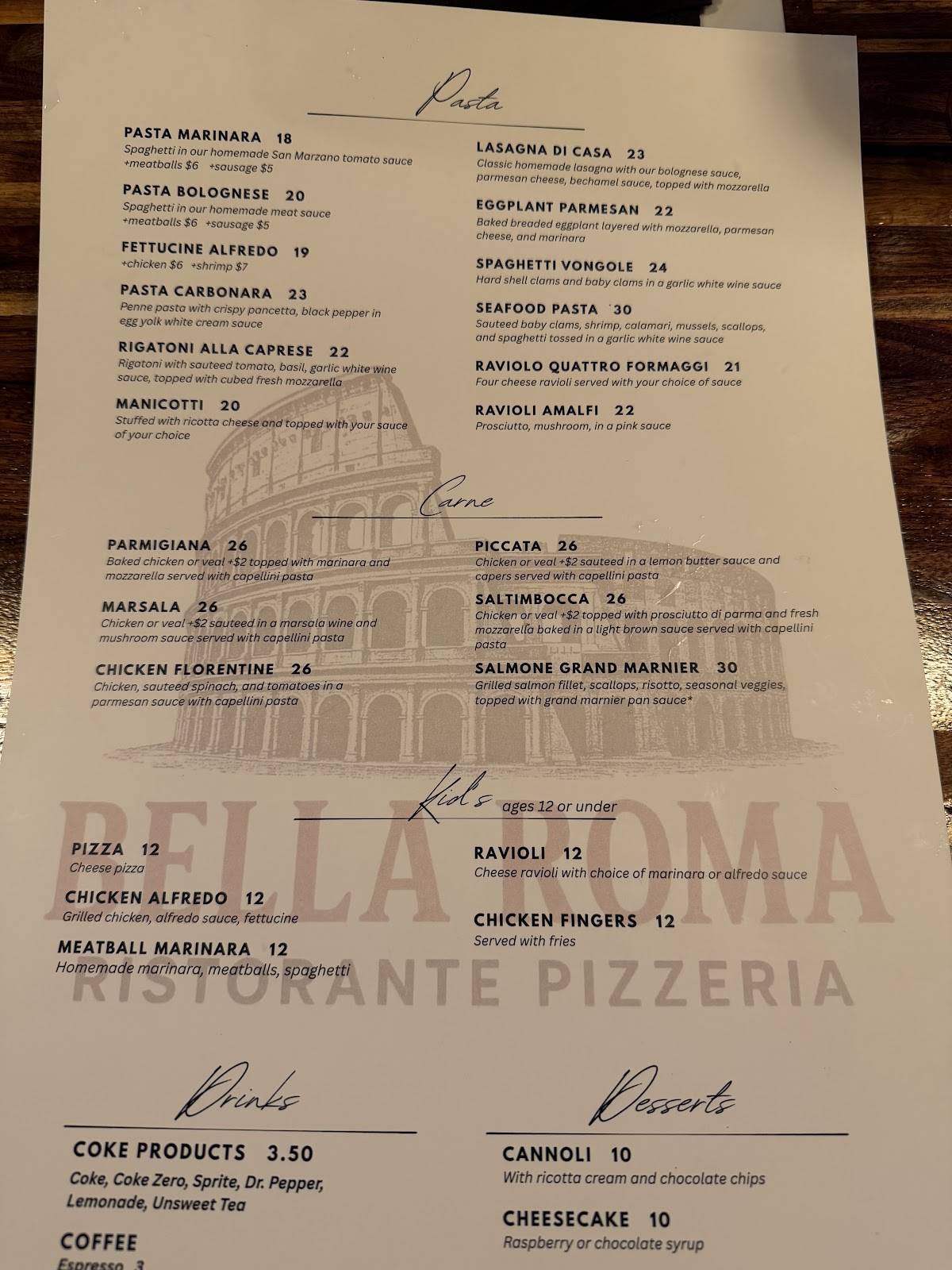 Bella Roma Ristorante Pizzeria меню