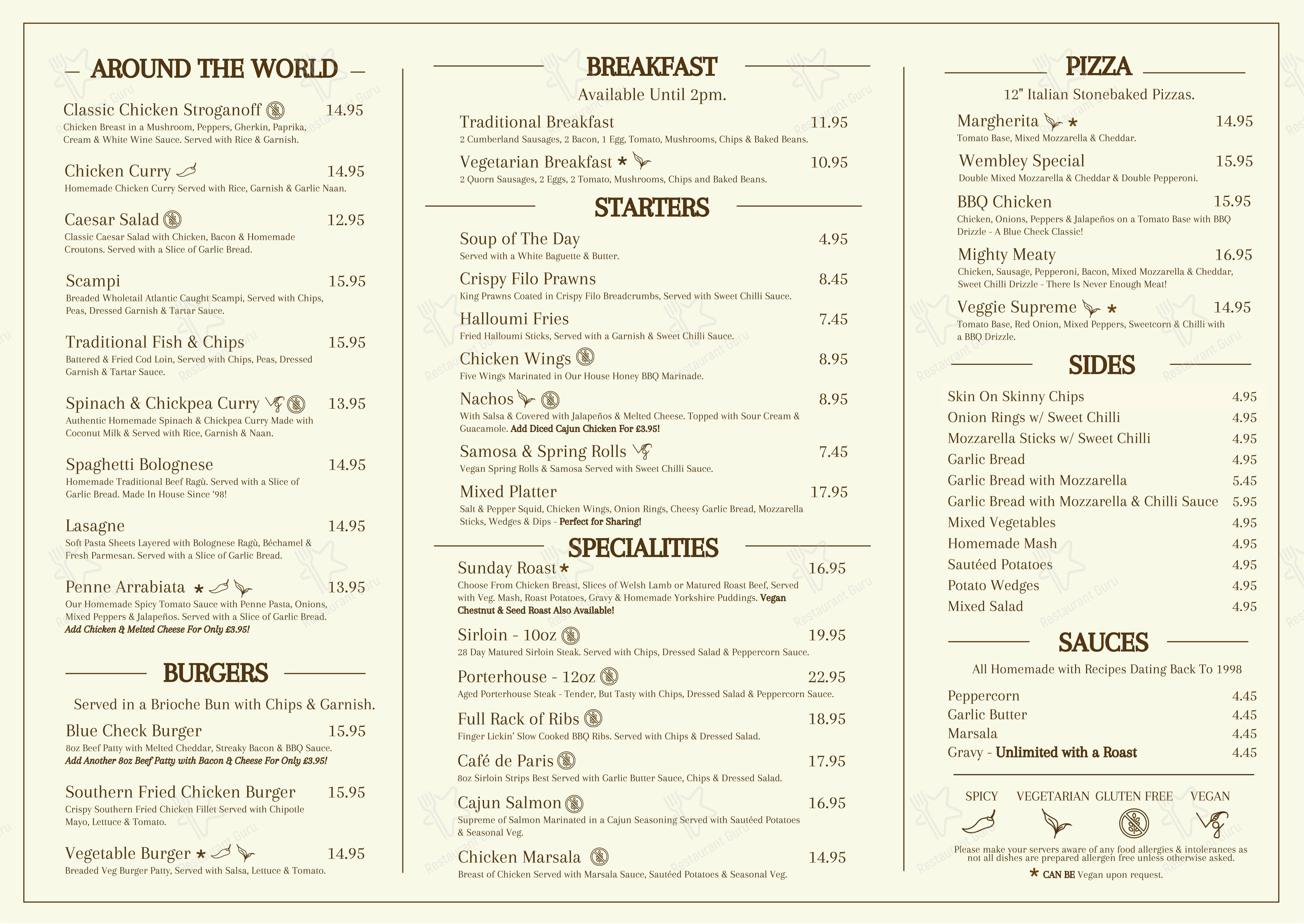 Меню паба и бара Blue Check - Wembley - Lunch Menu