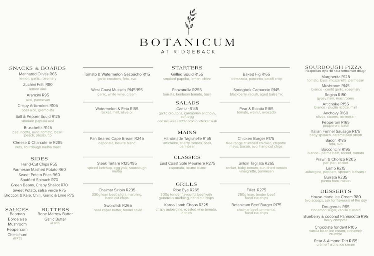 Botanicum at Ridgeback меню