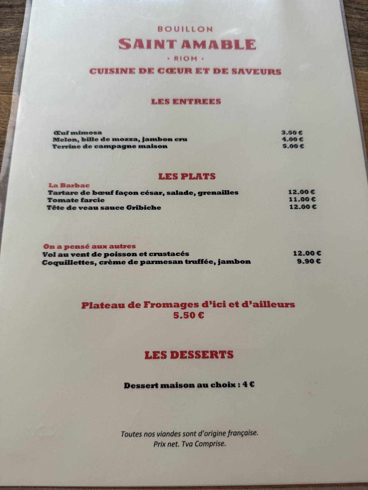 Bouillon Saint Amable меню