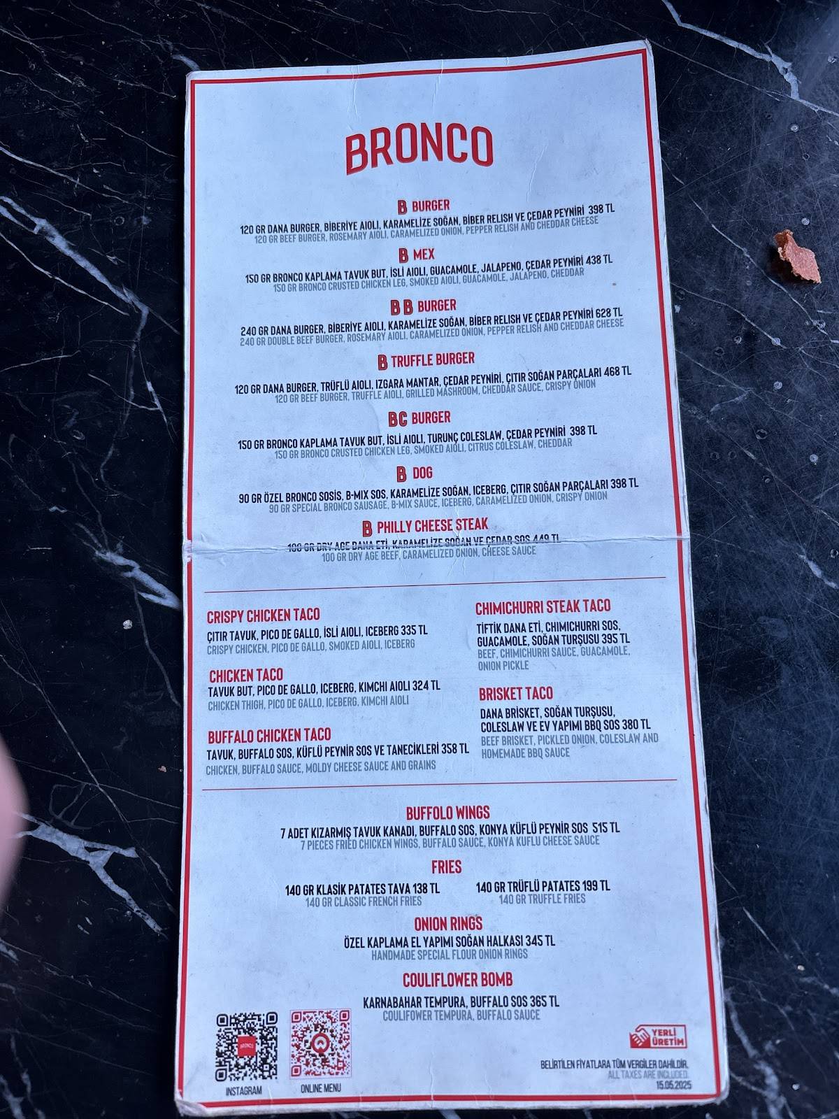 Bronco Vadistanbul AVM меню