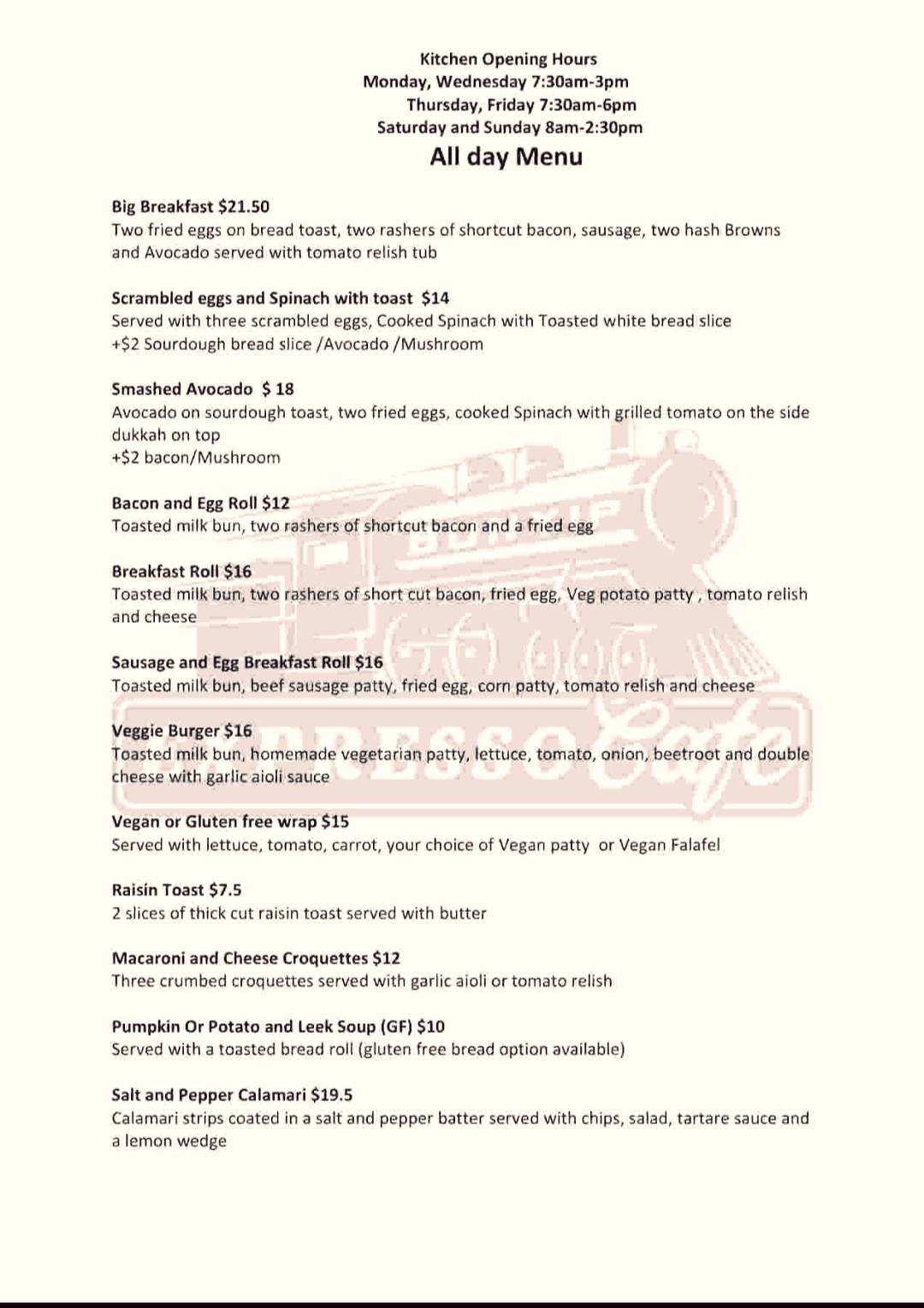 Bunyip Expresso Cafe меню
