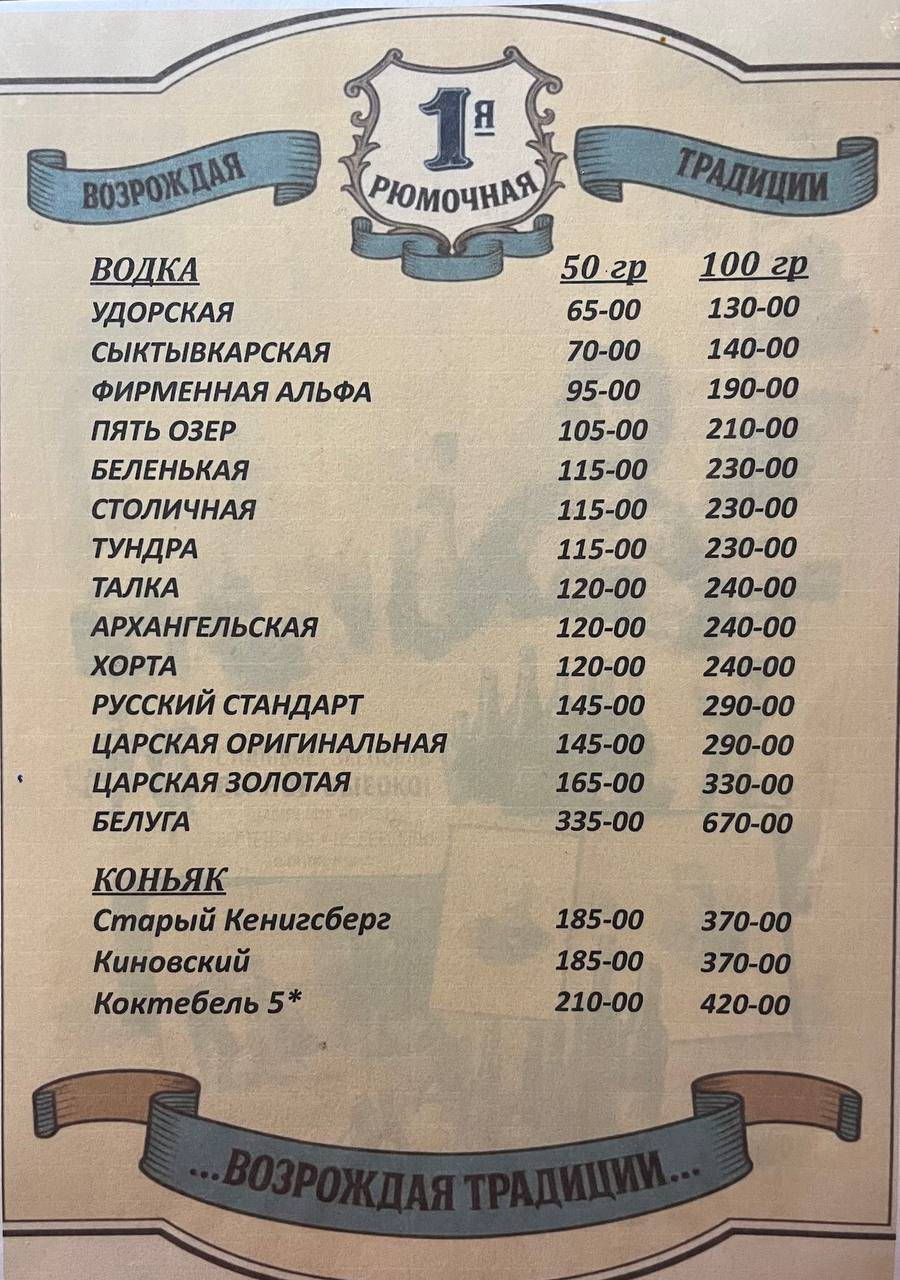 Первая рюмочная меню