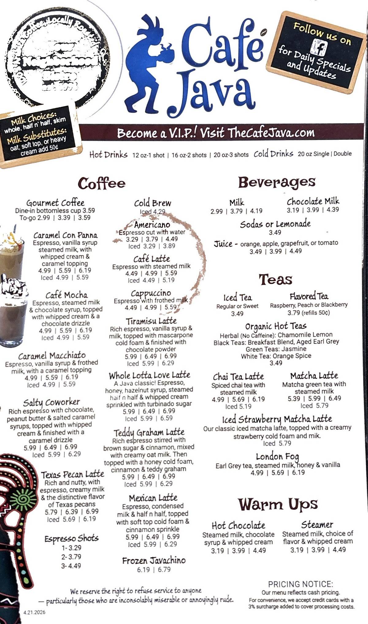 Cafe Java меню