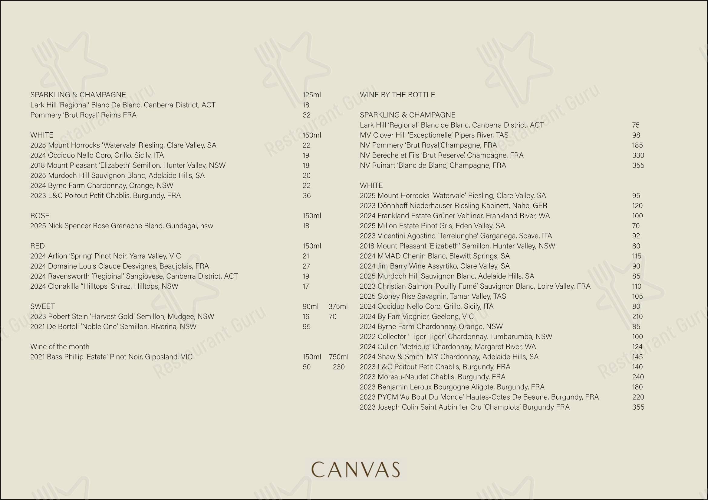 菜单 ресторана Canvas в Роксе