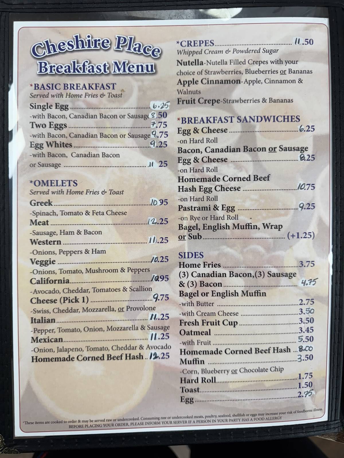 Cheshire Place Restaurant меню