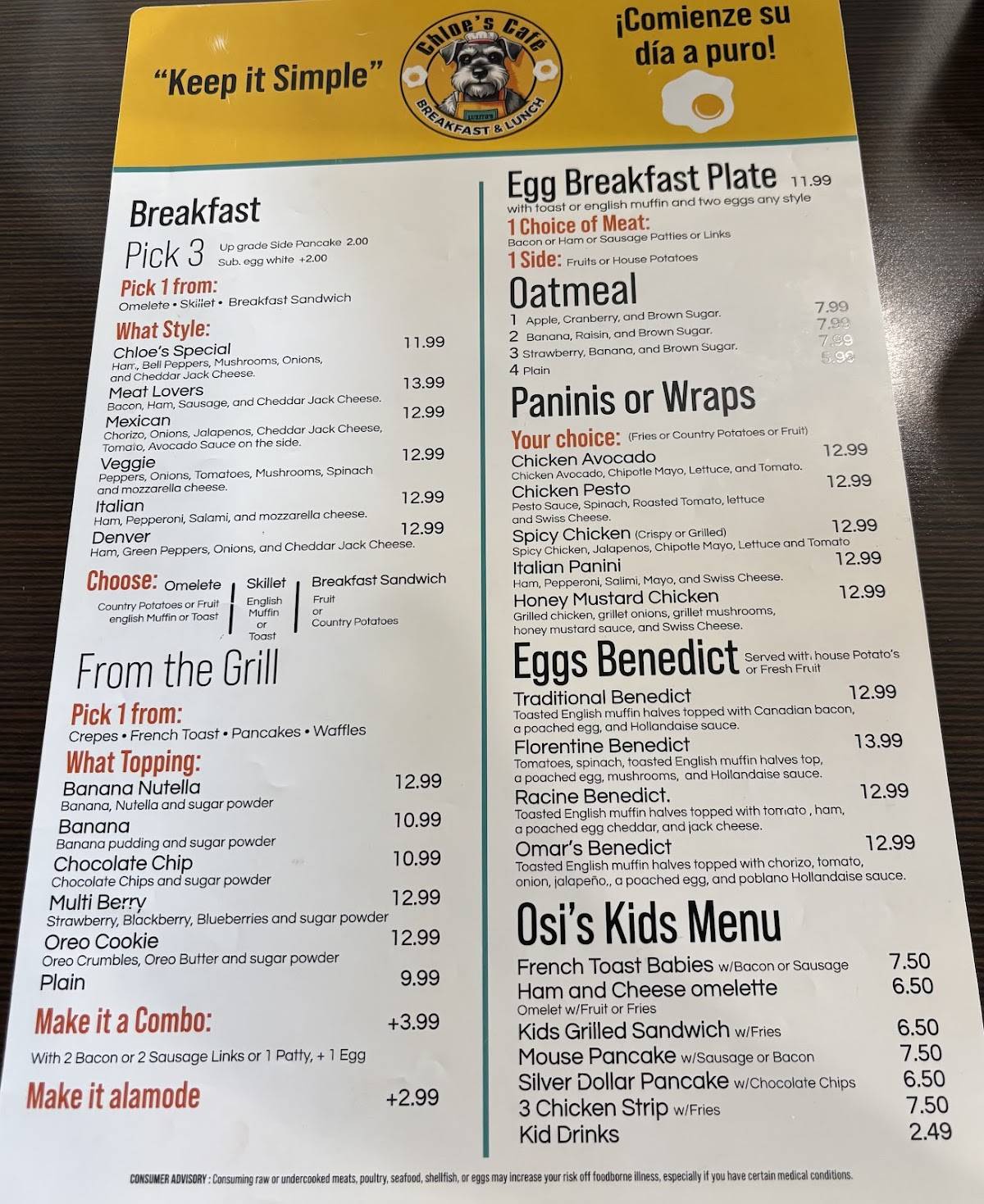 Chloe’s Cafe меню