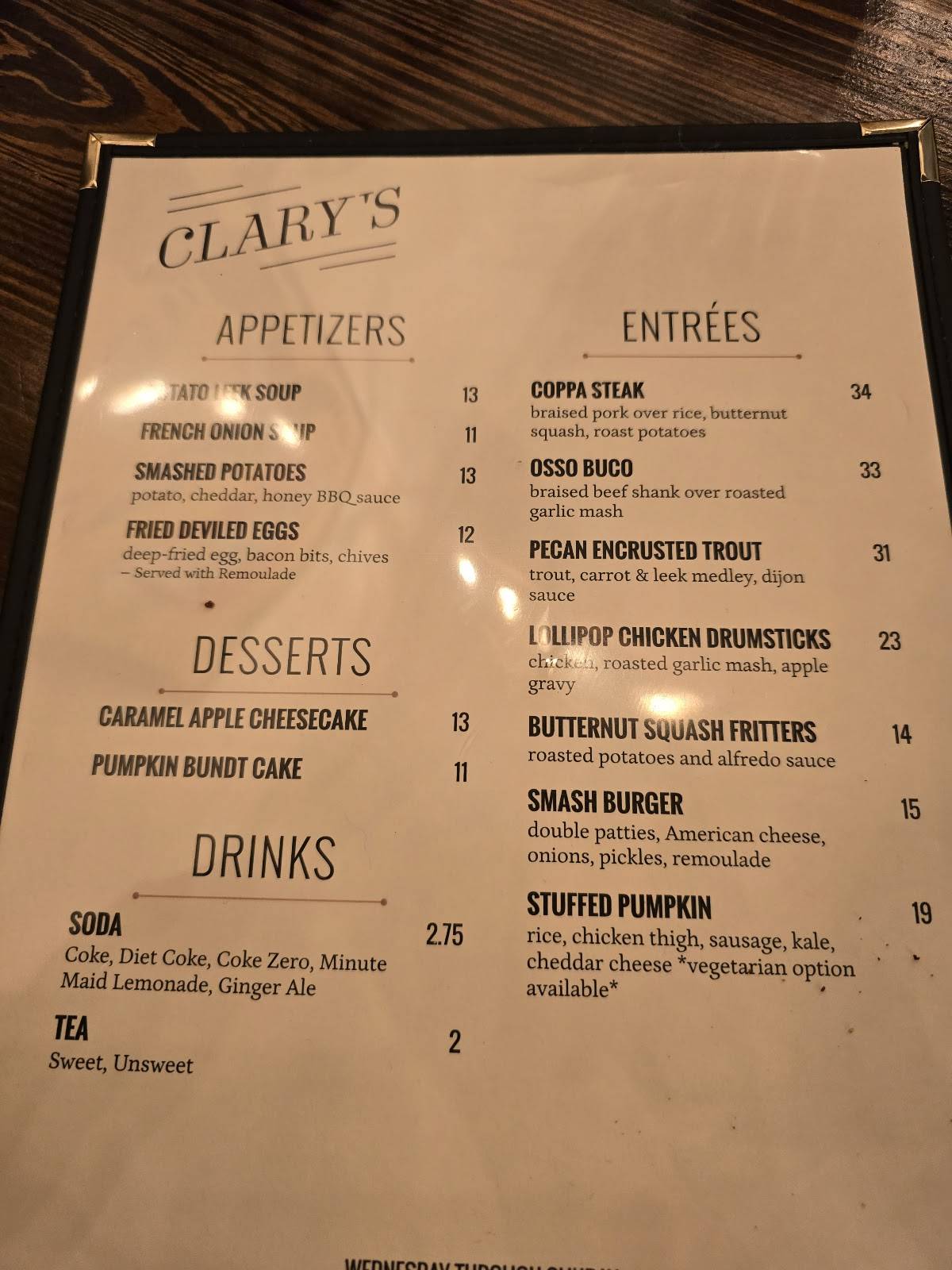 Clarys Farm to Table меню