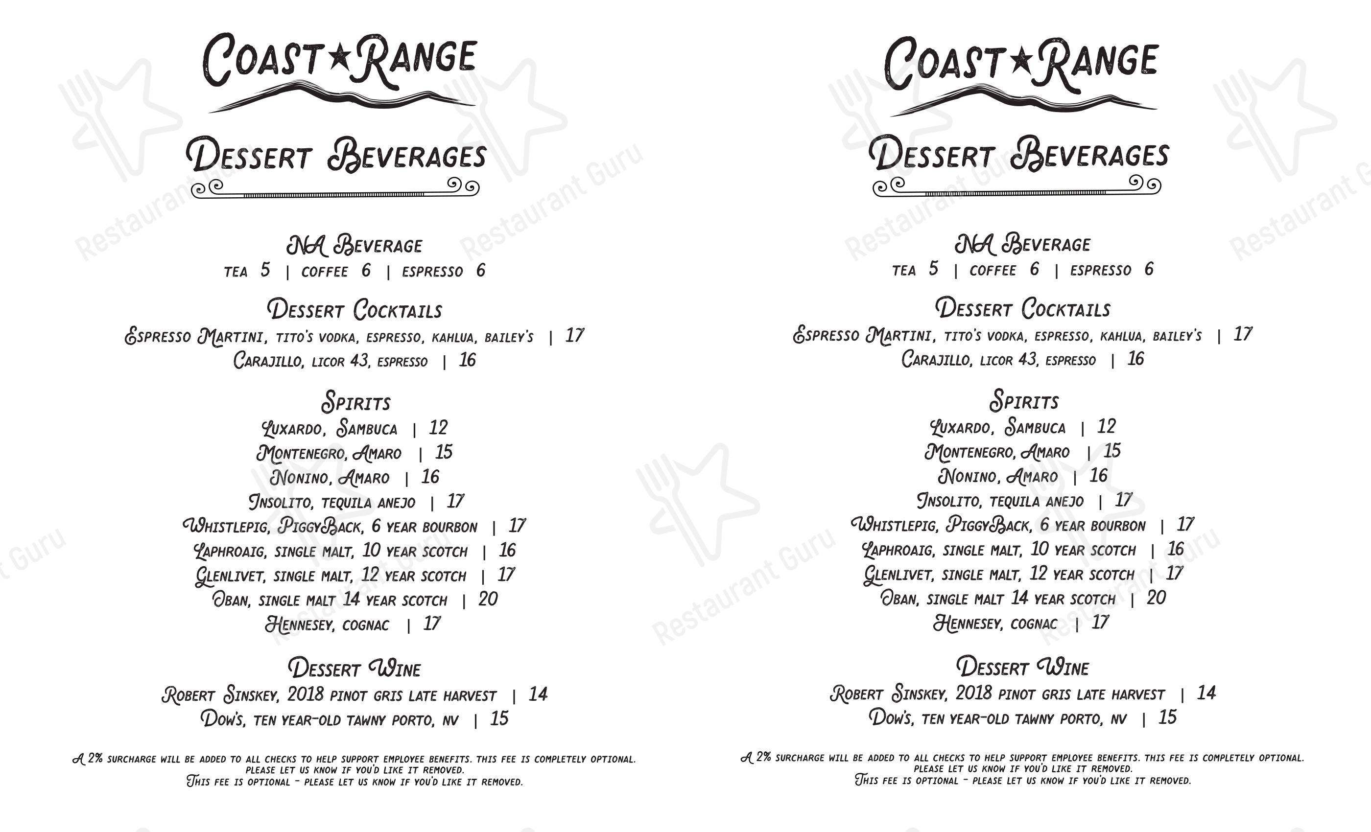 Coast Range в Солванге - Dinner Menu