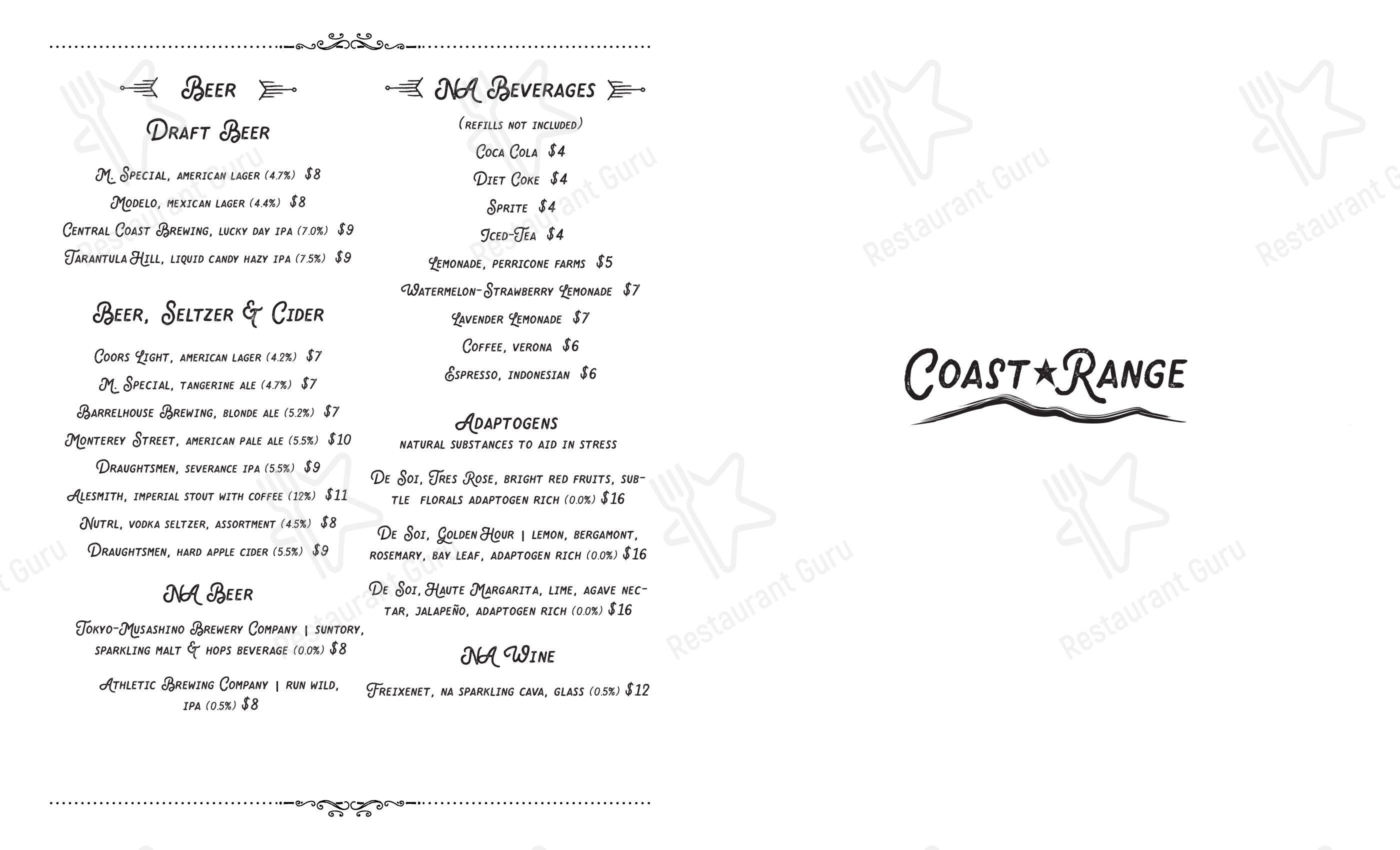 Меню паба и бара Coast Range - Drink menu