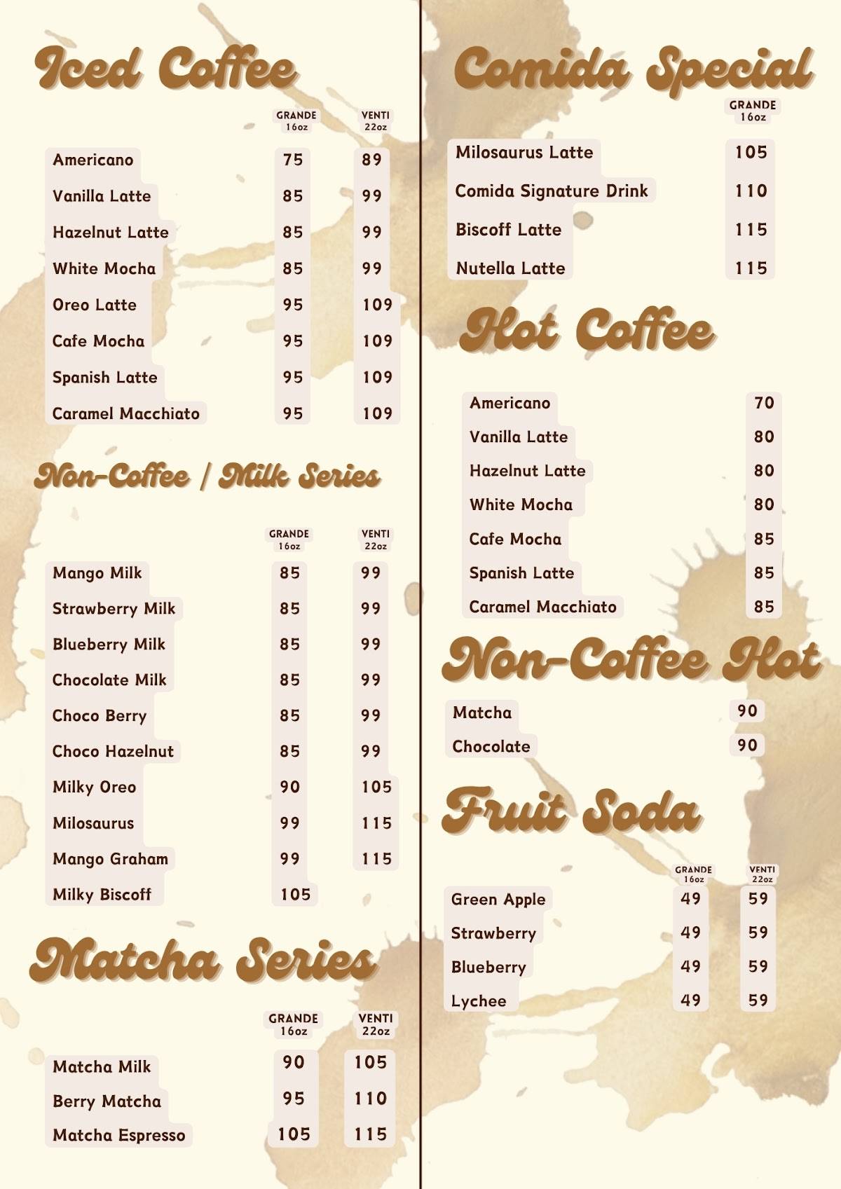 Comidá Café меню