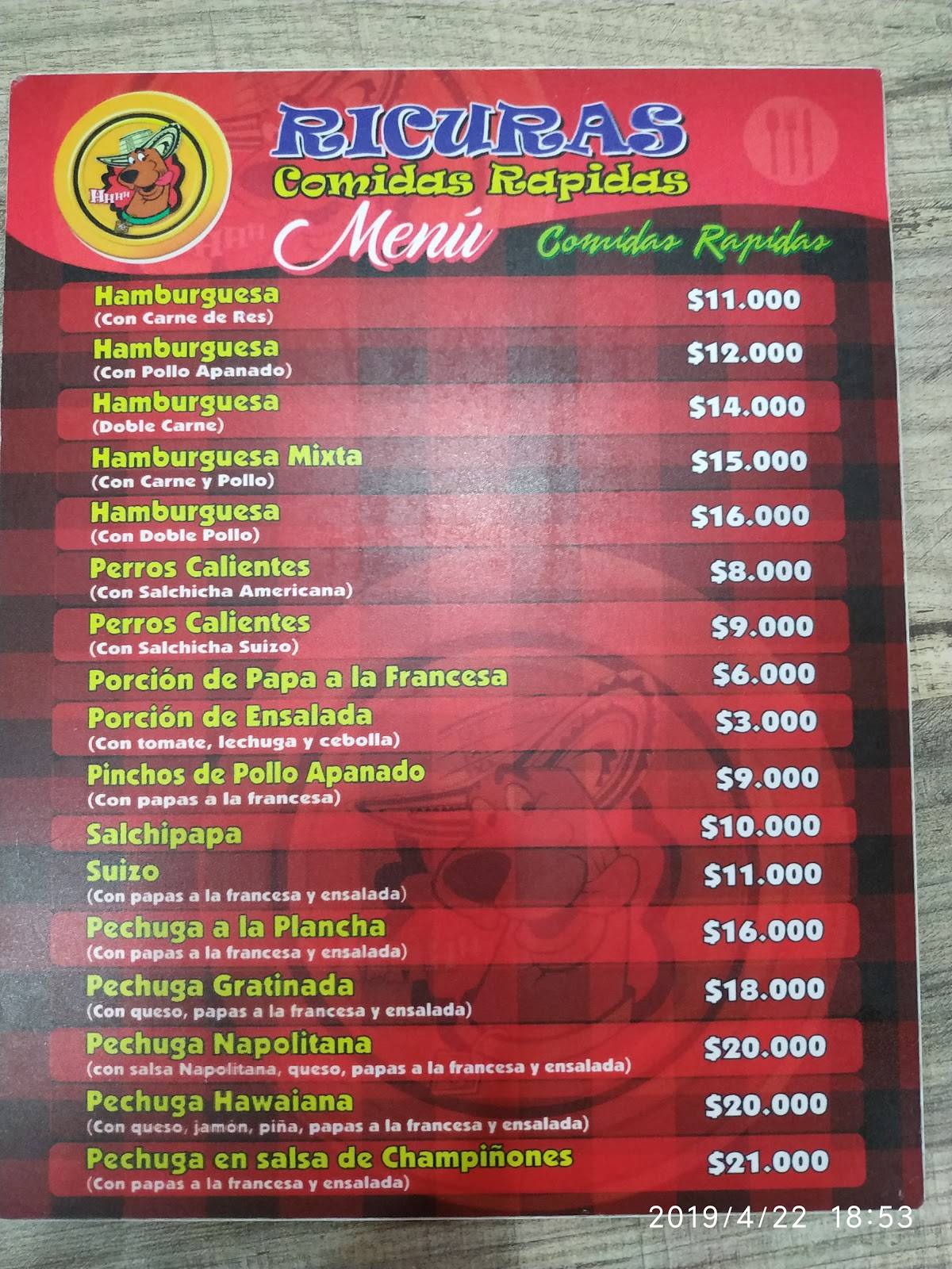 Comidas Rapidas Ricuras меню