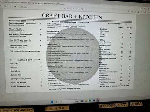 Craft Bar + Kitchen меню