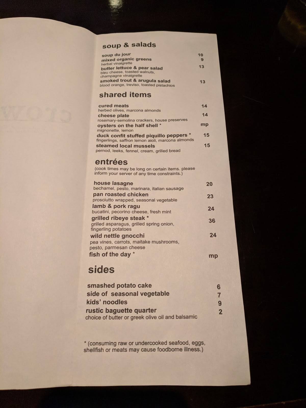 Crow Restaurant & Bar меню