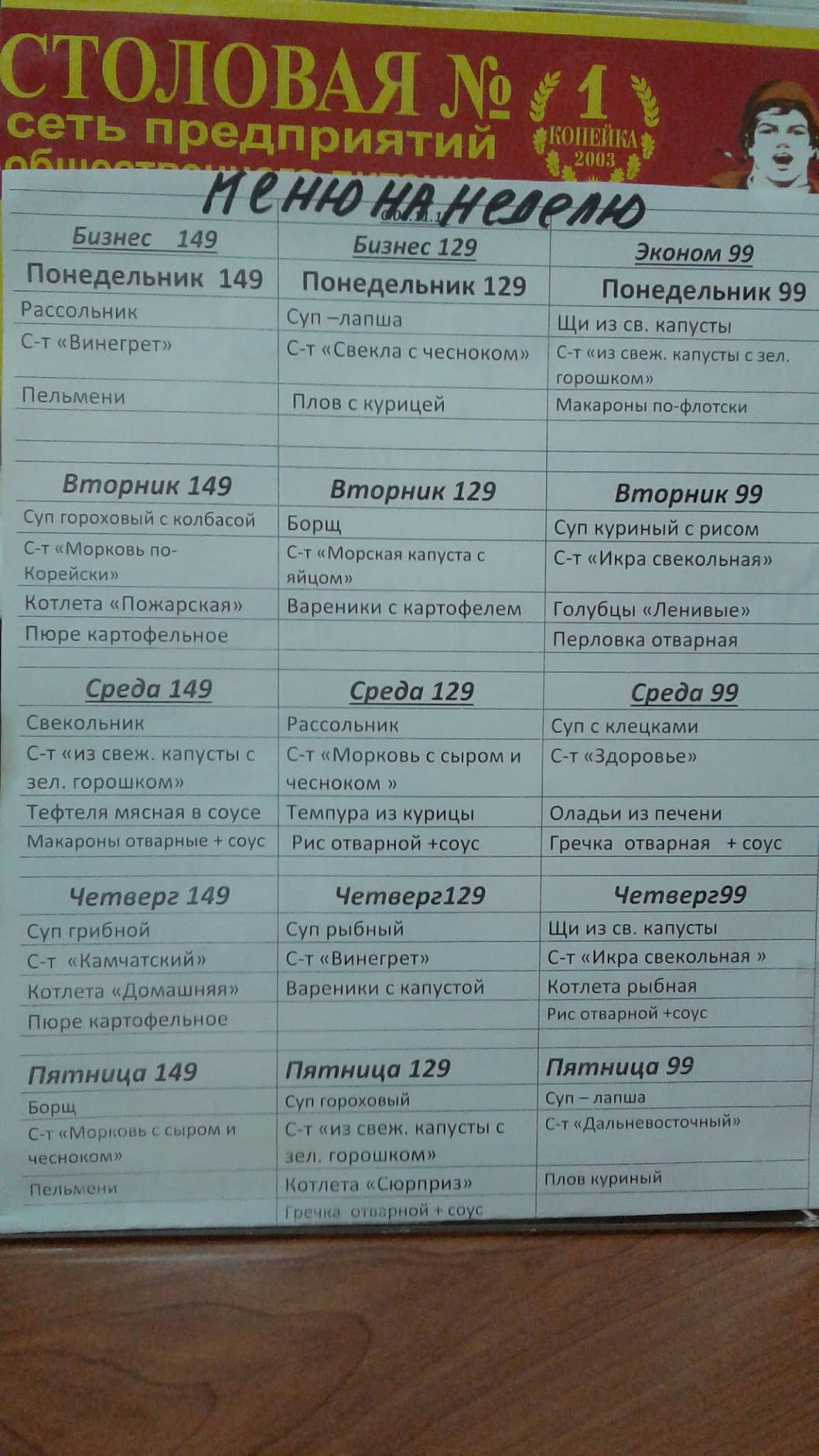 Столовая № 1 меню