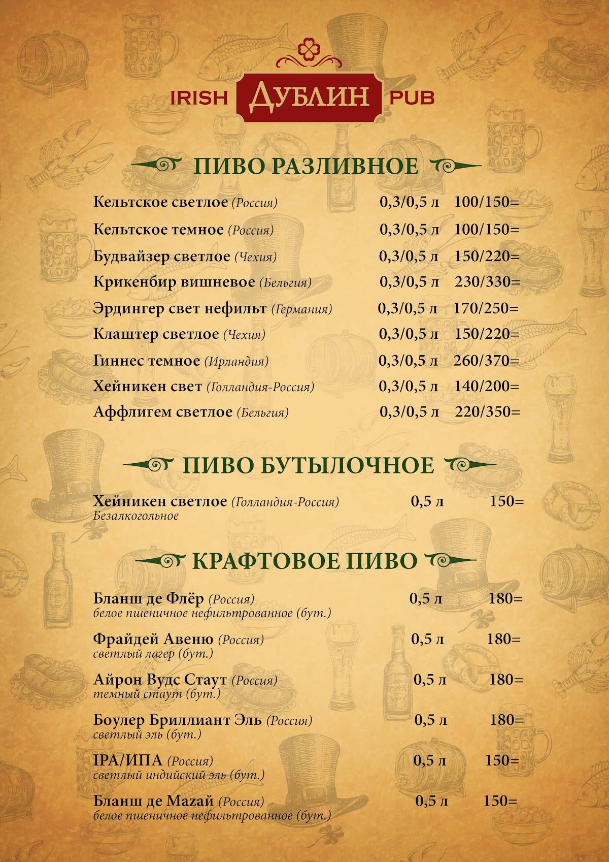 Паб Дублин меню