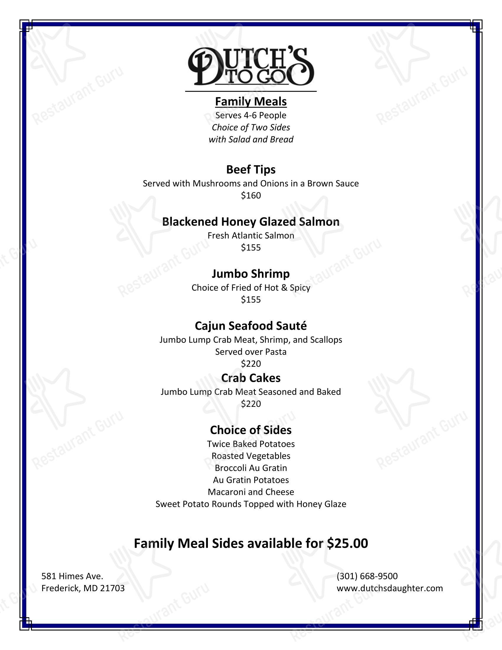 Lunch Menu стейк хауса Dutch's Daughter в Фредерике