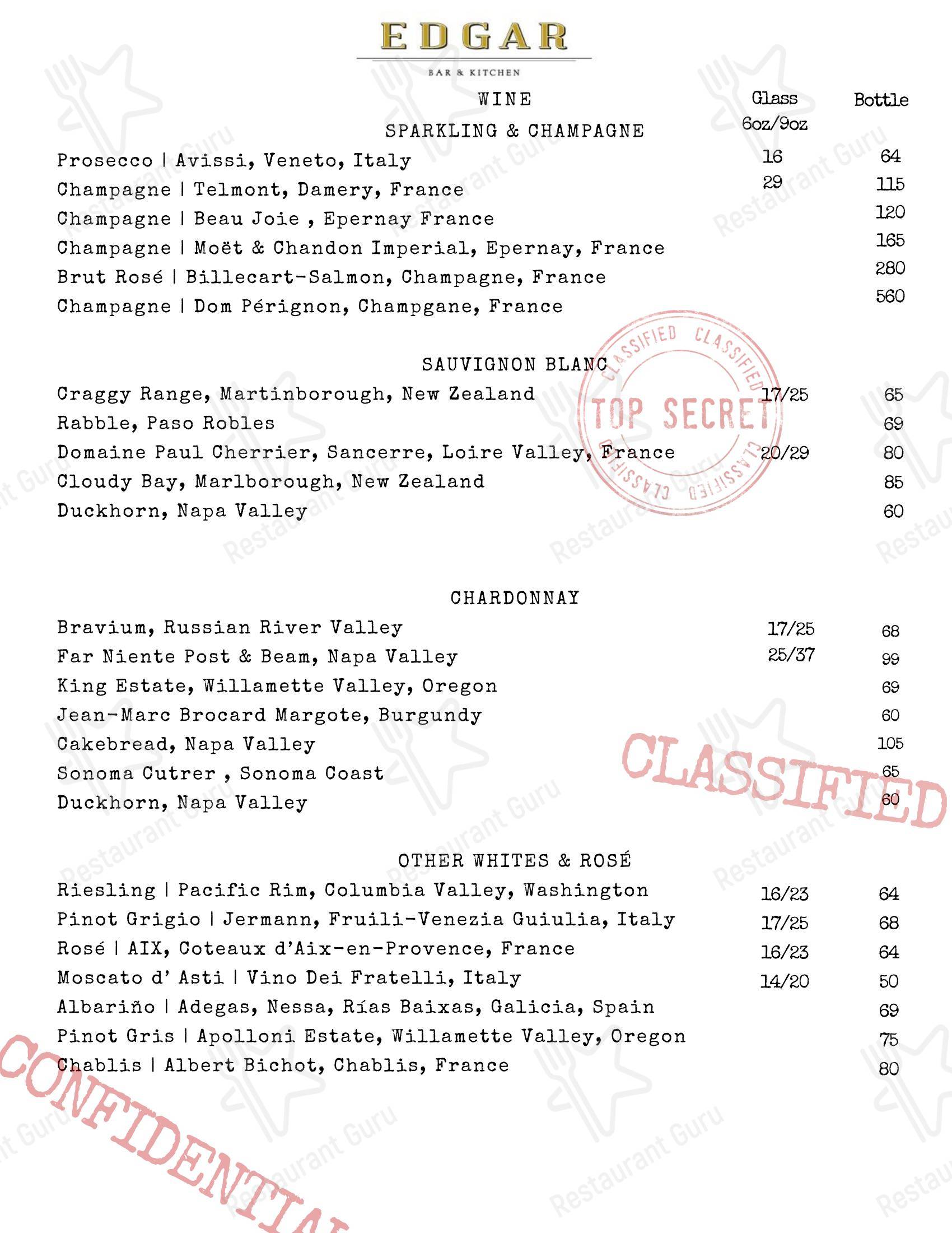 Меню паба и бара Edgar Bar & Kitchen