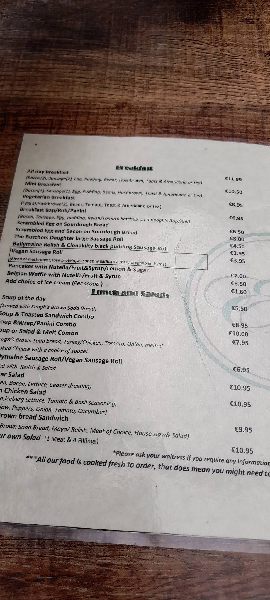 Ed's Cafe меню