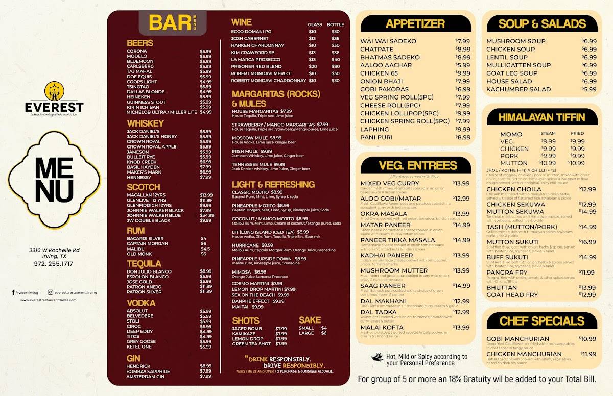 Everest Indian Himalayan Restaurant and Bar меню