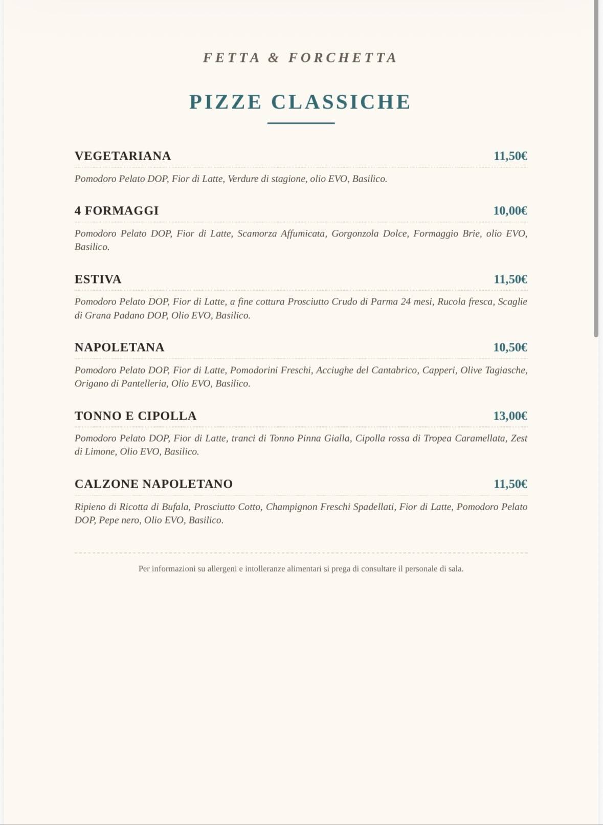 Fetta e Forchetta Pizzeria Ristorante меню