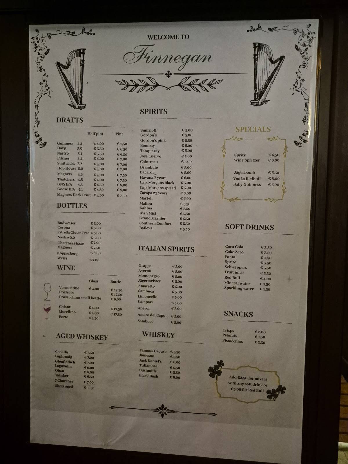 Finnegan irish pub меню