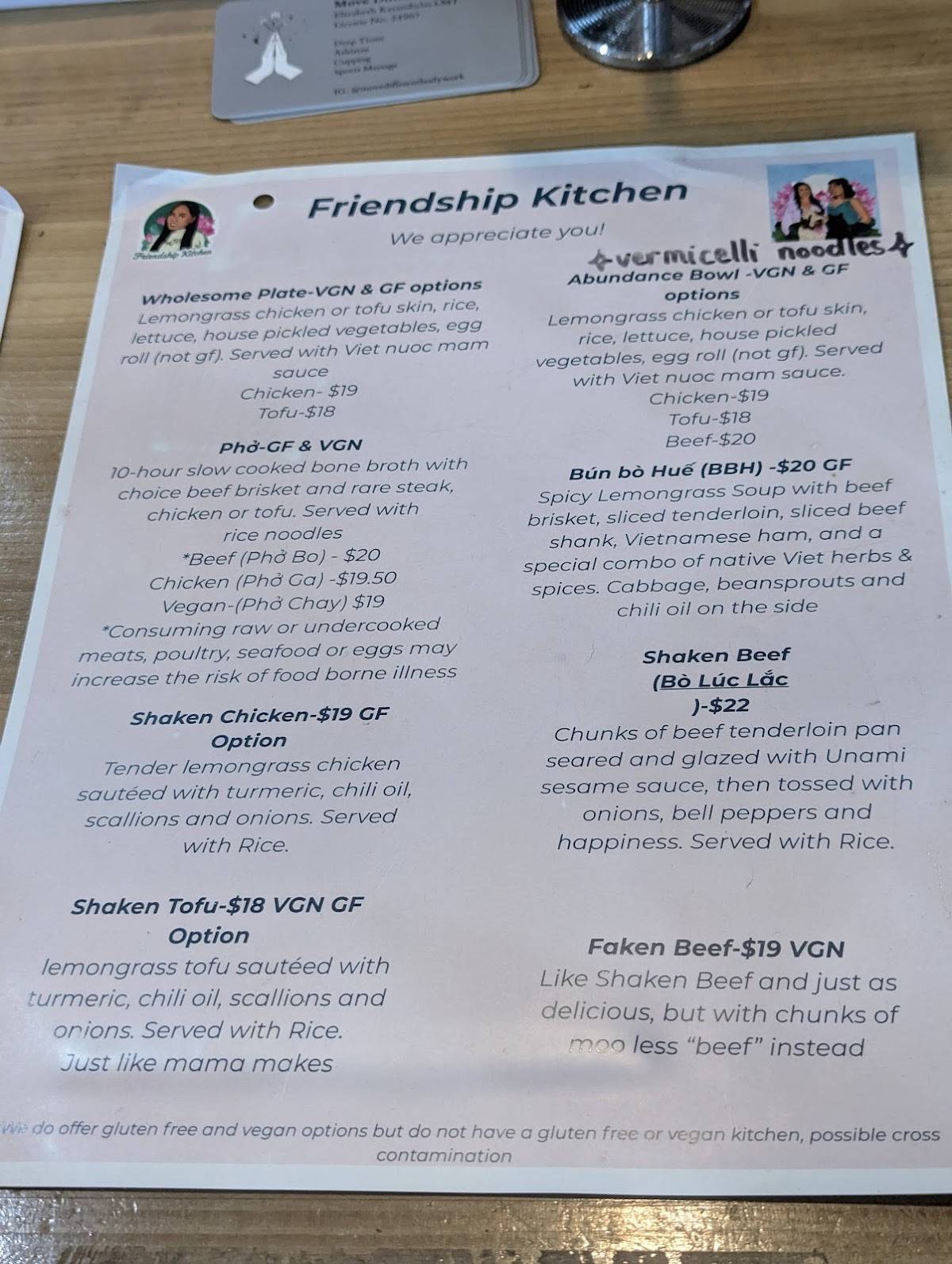 Friendship Vietnamese Kitchen меню